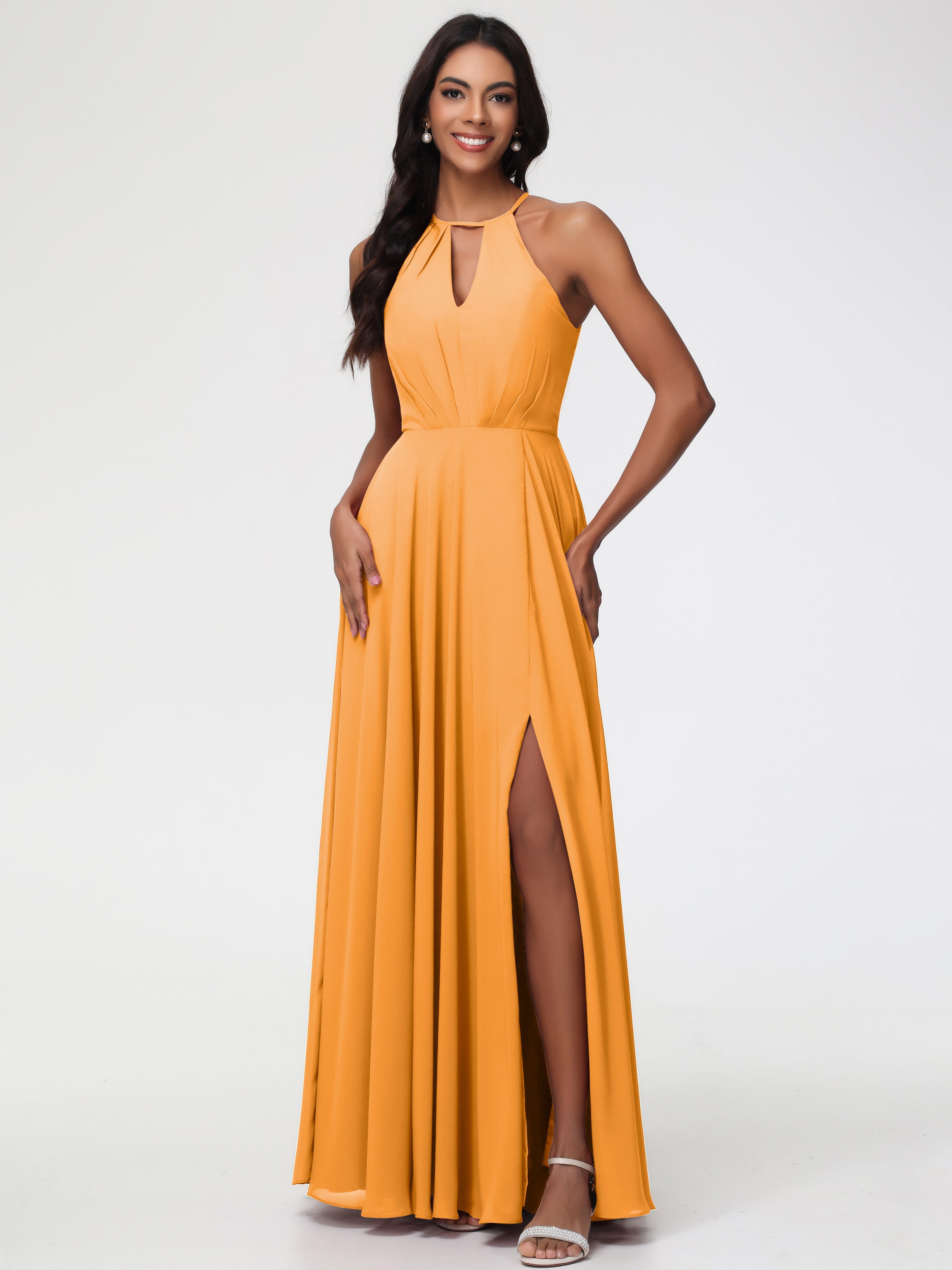 Tangerine Bridesmaids Dress Halter A-Line Sleeveless Floor Length Chiffon Bridesmaid Dresses with Slit Tangerine Bridesmaids Dress Halter A-Line Sleeveless Floor Length Chiffon Bridesmaid Dresses with Slit