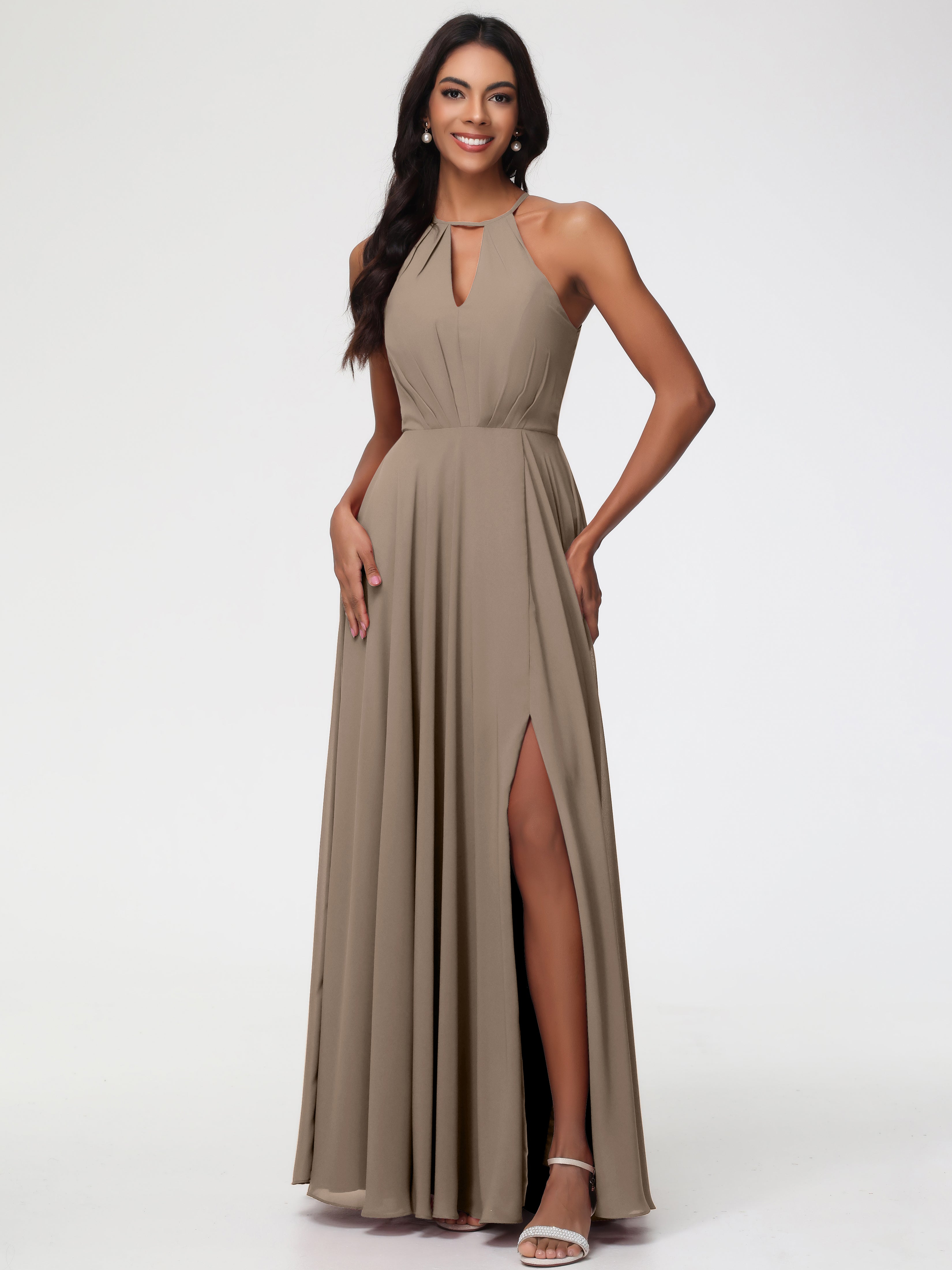 Taupe Bridesmaid Halter A-Line Sleeveless Floor Length Chiffon Bridesmaid Dresses with Slit Taupe Bridesmaid Halter A-Line Sleeveless Floor Length Chiffon Bridesmaid Dresses with Slit