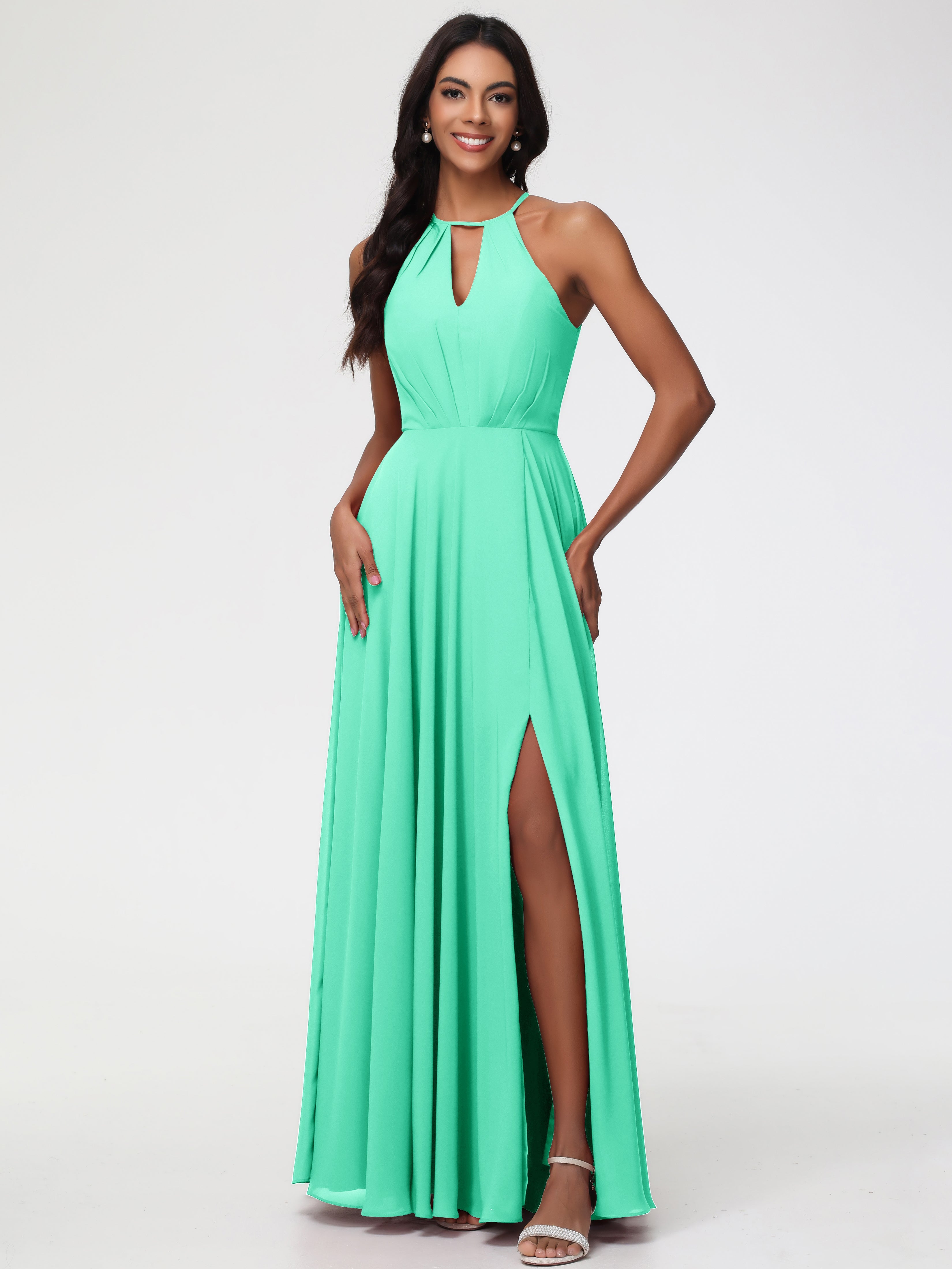 Light Turquoise Bridesmaid Dresses Halter A-Line Sleeveless Floor Length Chiffon Bridesmaid Dresses with Slit Light Turquoise Bridesmaid Dresses Halter A-Line Sleeveless Floor Length Chiffon Bridesmaid Dresses with Slit