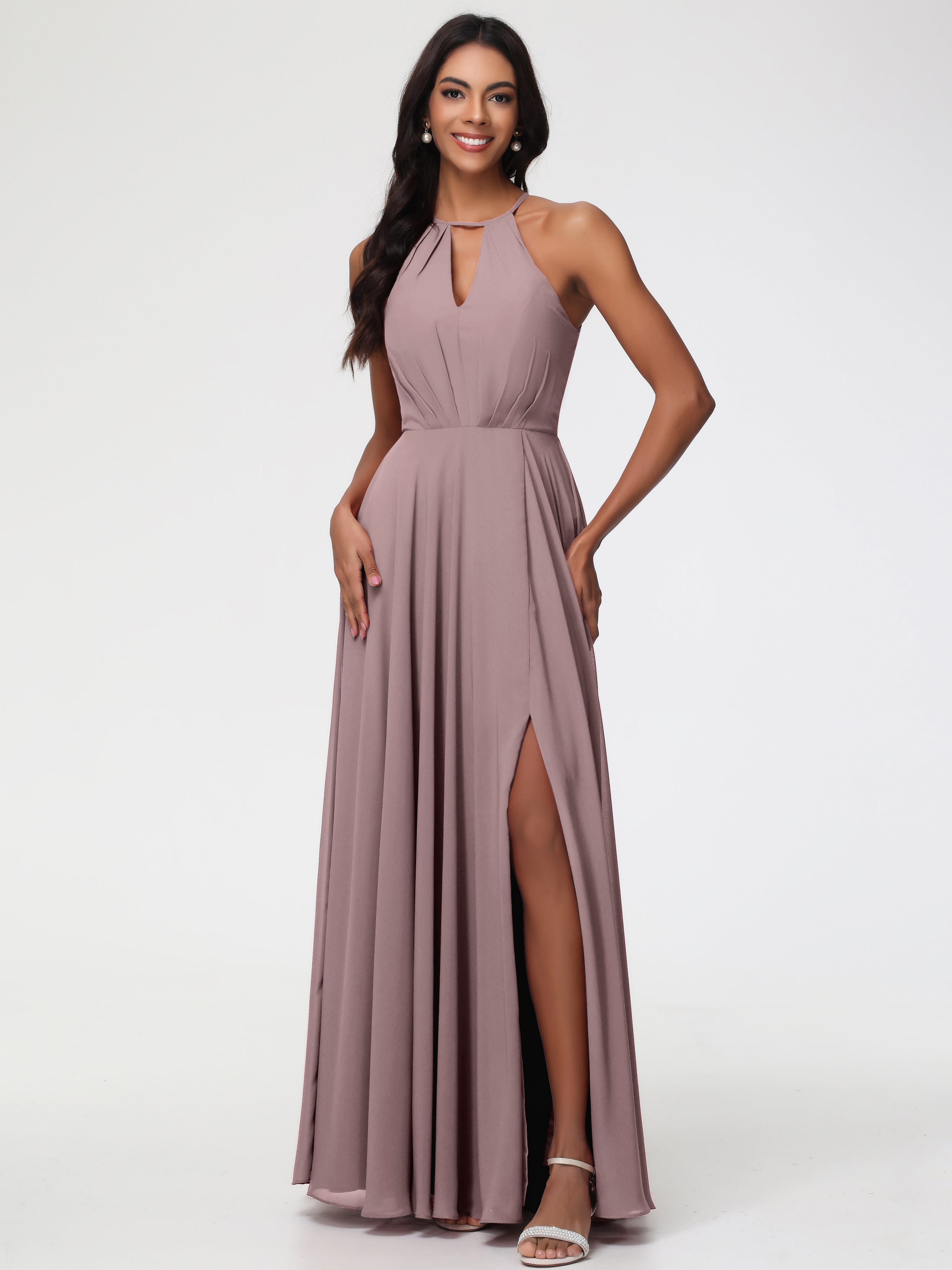 Vintage Mauve Bridesmaid Dress Halter A-Line Sleeveless Floor Length Chiffon Bridesmaid Dresses with Slit Vintage Mauve Bridesmaid Dress Halter A-Line Sleeveless Floor Length Chiffon Bridesmaid Dresses with Slit