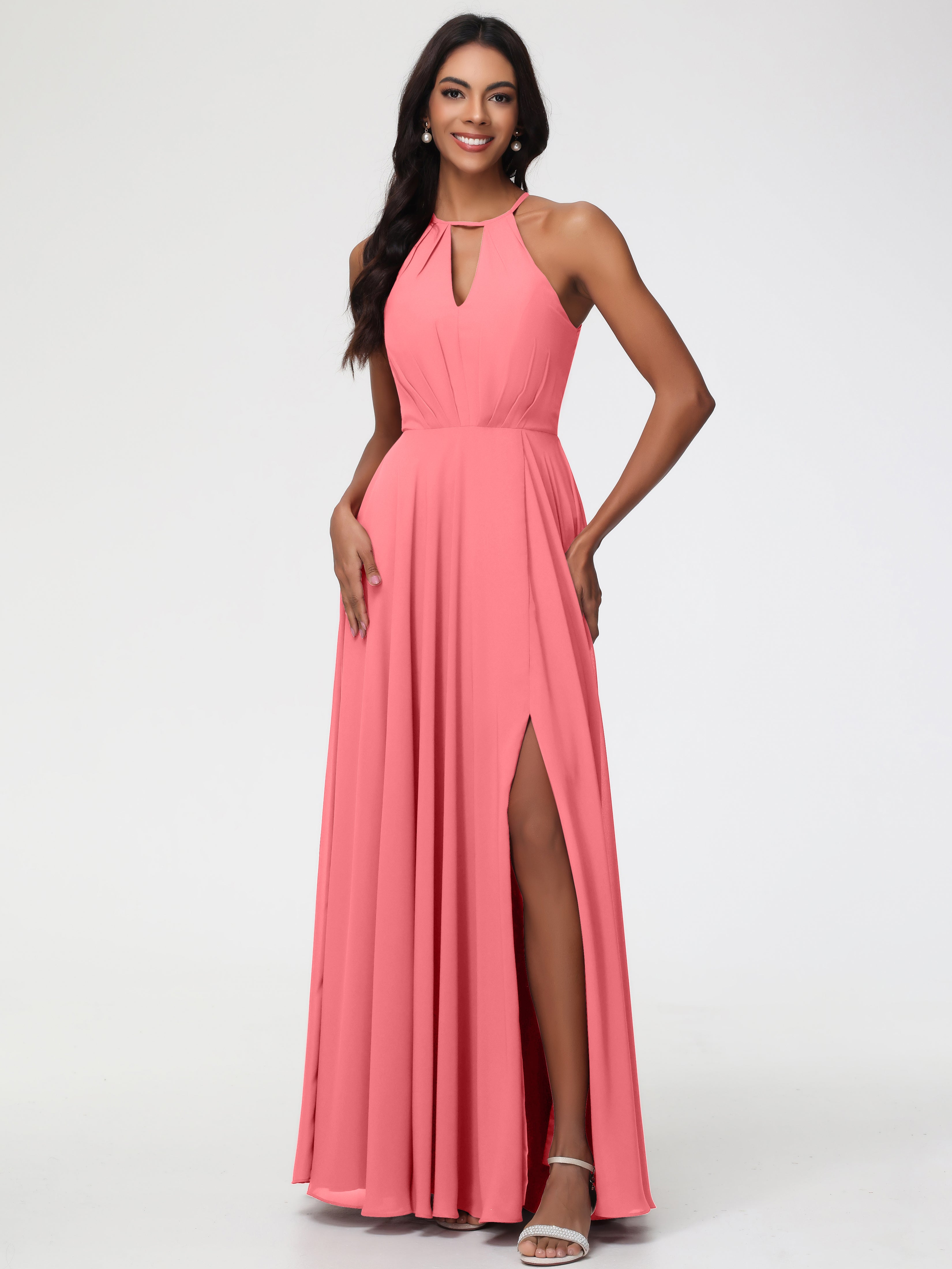 Watermelon Color Bridesmaid Dresses Halter A-Line Sleeveless Floor Length Chiffon Bridesmaid Dresses with Slit Watermelon Color Bridesmaid Dresses Halter A-Line Sleeveless Floor Length Chiffon Bridesmaid Dresses with Slit