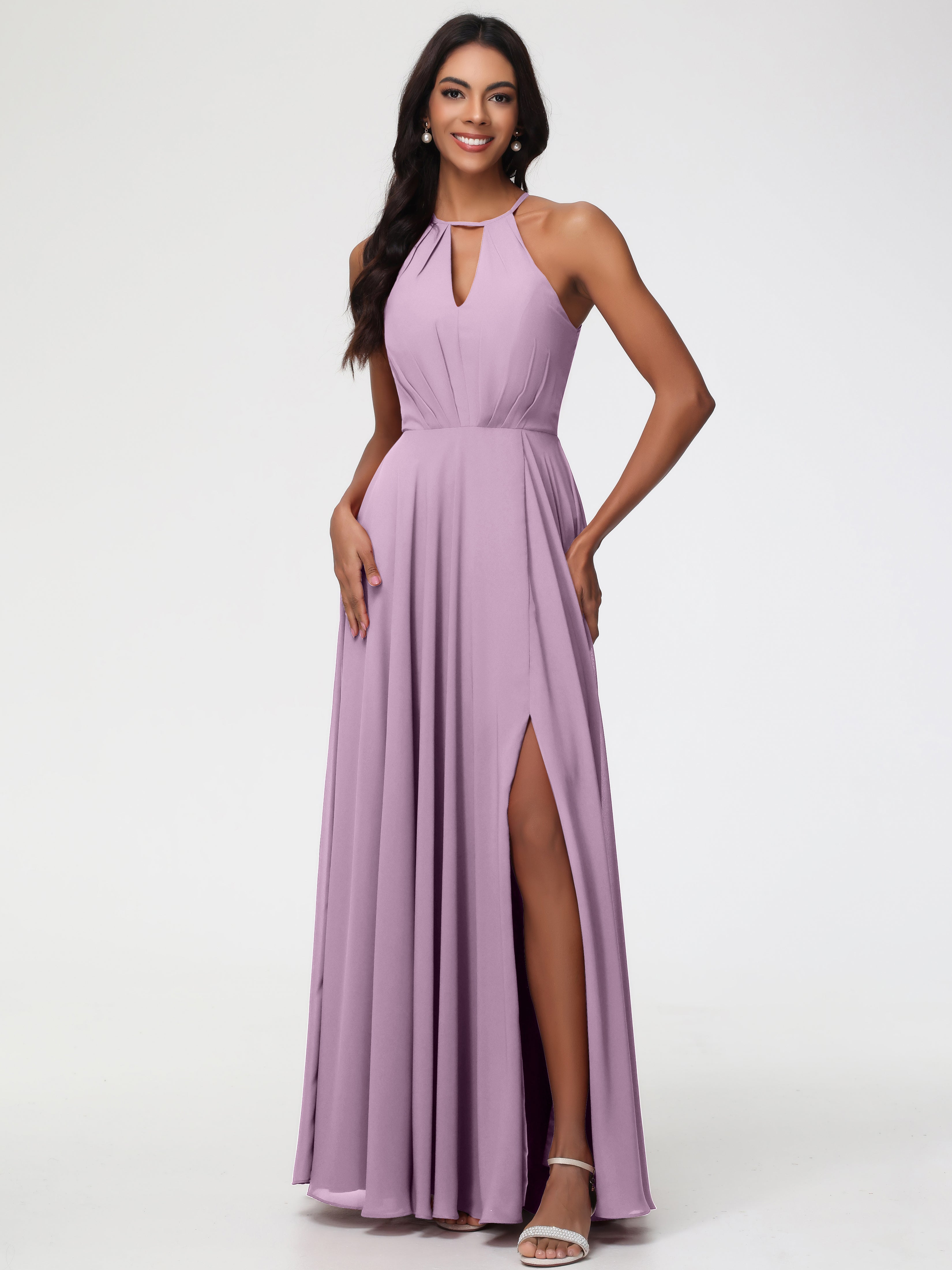 Wisteria Colored Bridesmaid Dresses Halter A-Line Sleeveless Floor Length Chiffon Bridesmaid Dresses with Slit Wisteria Colored Bridesmaid Dresses Halter A-Line Sleeveless Floor Length Chiffon Bridesmaid Dresses with Slit