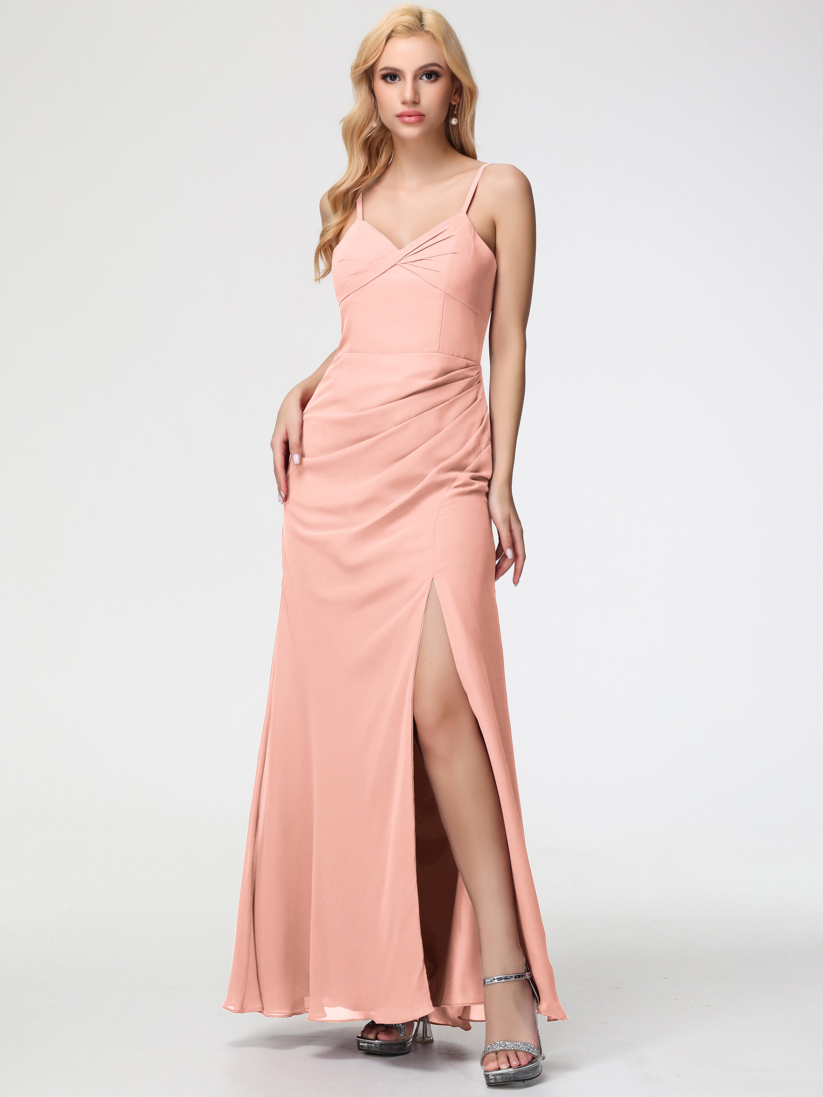 Coral Bridesmaids Dresses Sheath/Column Spaghetti Straps V-Neck Floor Length Chiffon Bridesmaid Dresses with Slit Coral Bridesmaids Dresses Sheath/Column Spaghetti Straps V-Neck Floor Length Chiffon Bridesmaid Dresses with Slit