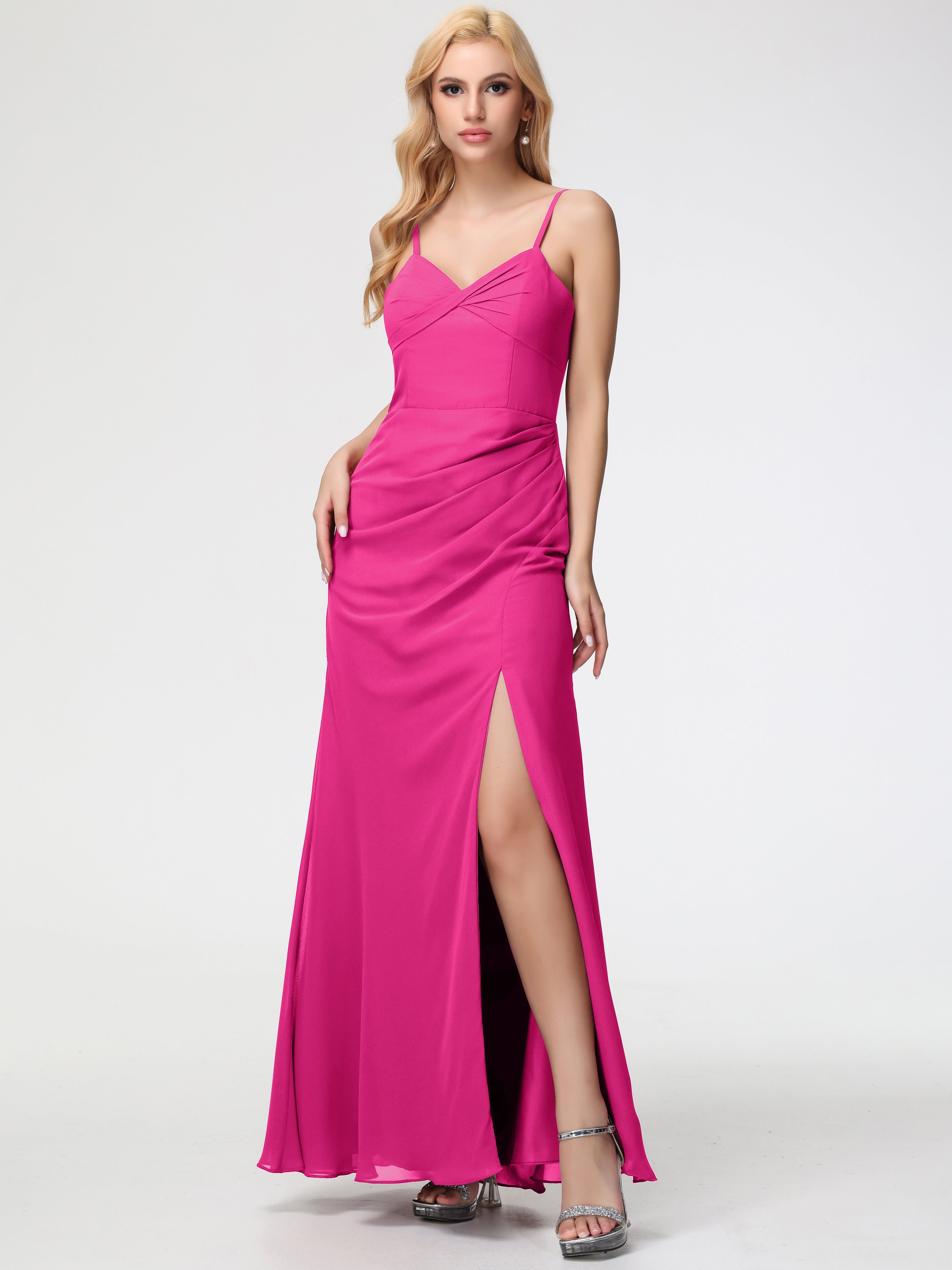 Fuchsia Pink Bridesmaid Dresses Sheath/Column Spaghetti Straps V-Neck Floor Length Chiffon Bridesmaid Dresses with Slit Fuchsia Pink Bridesmaid Dresses Sheath/Column Spaghetti Straps V-Neck Floor Length Chiffon Bridesmaid Dresses with Slit