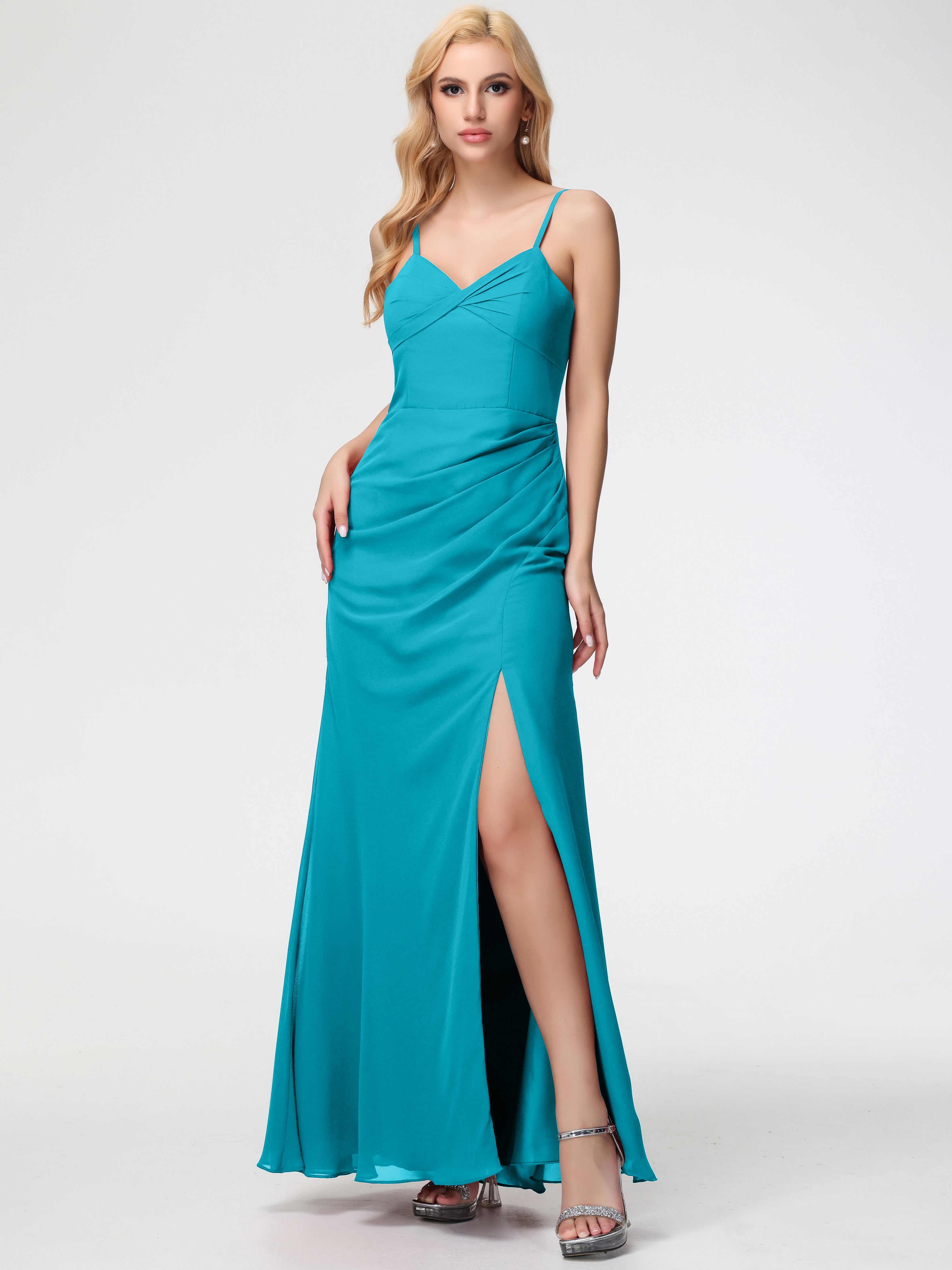 Jade Green Bridesmaid Dresses Sheath/Column Spaghetti Straps V-Neck Floor Length Chiffon Bridesmaid Dresses with Slit Jade Green Bridesmaid Dresses Sheath/Column Spaghetti Straps V-Neck Floor Length Chiffon Bridesmaid Dresses with Slit