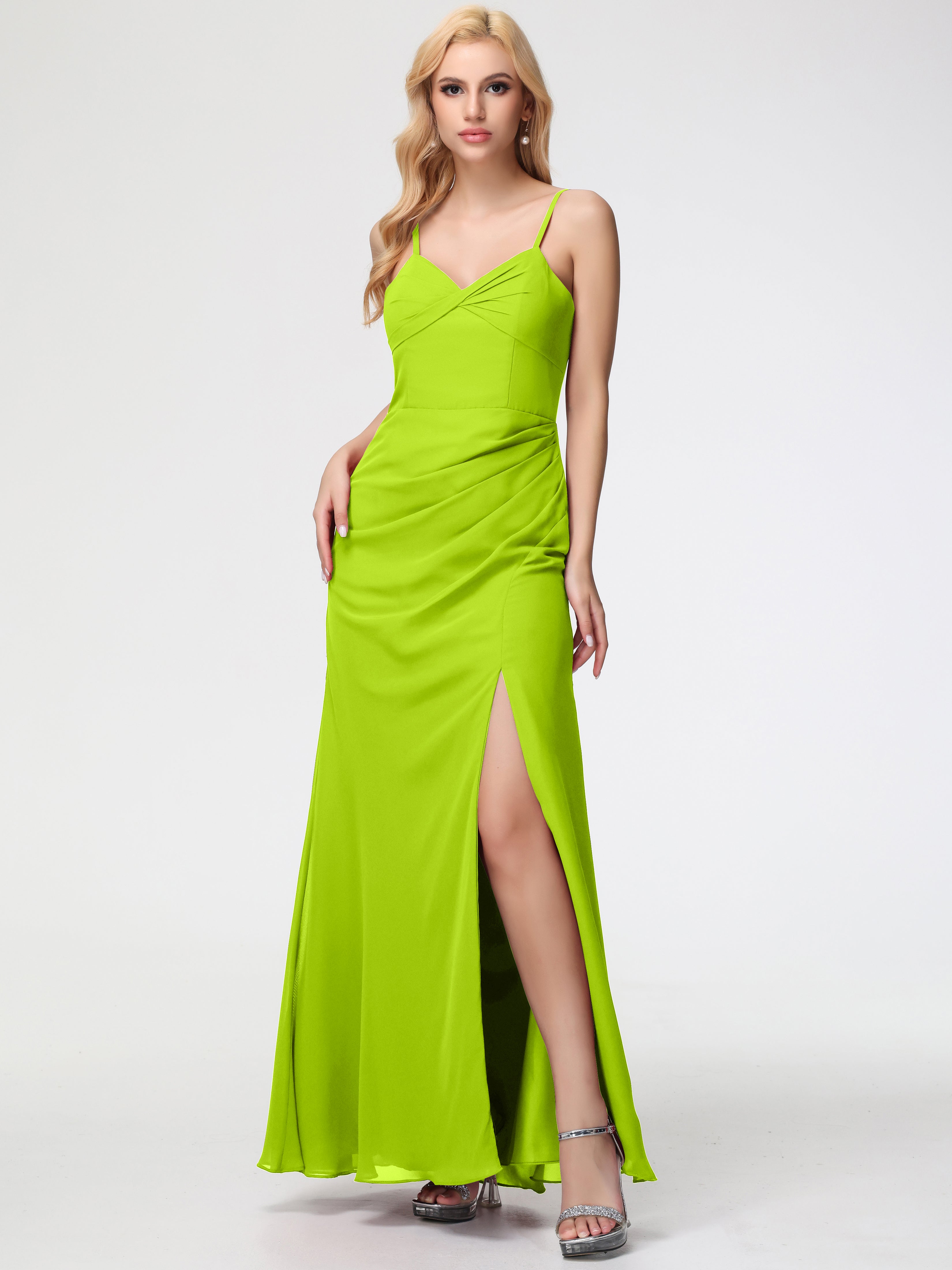 Lime Green Bridesmaid Dresses Sheath/Column Spaghetti Straps V-Neck Floor Length Chiffon Bridesmaid Dresses with Slit Lime Green Bridesmaid Dresses Sheath/Column Spaghetti Straps V-Neck Floor Length Chiffon Bridesmaid Dresses with Slit