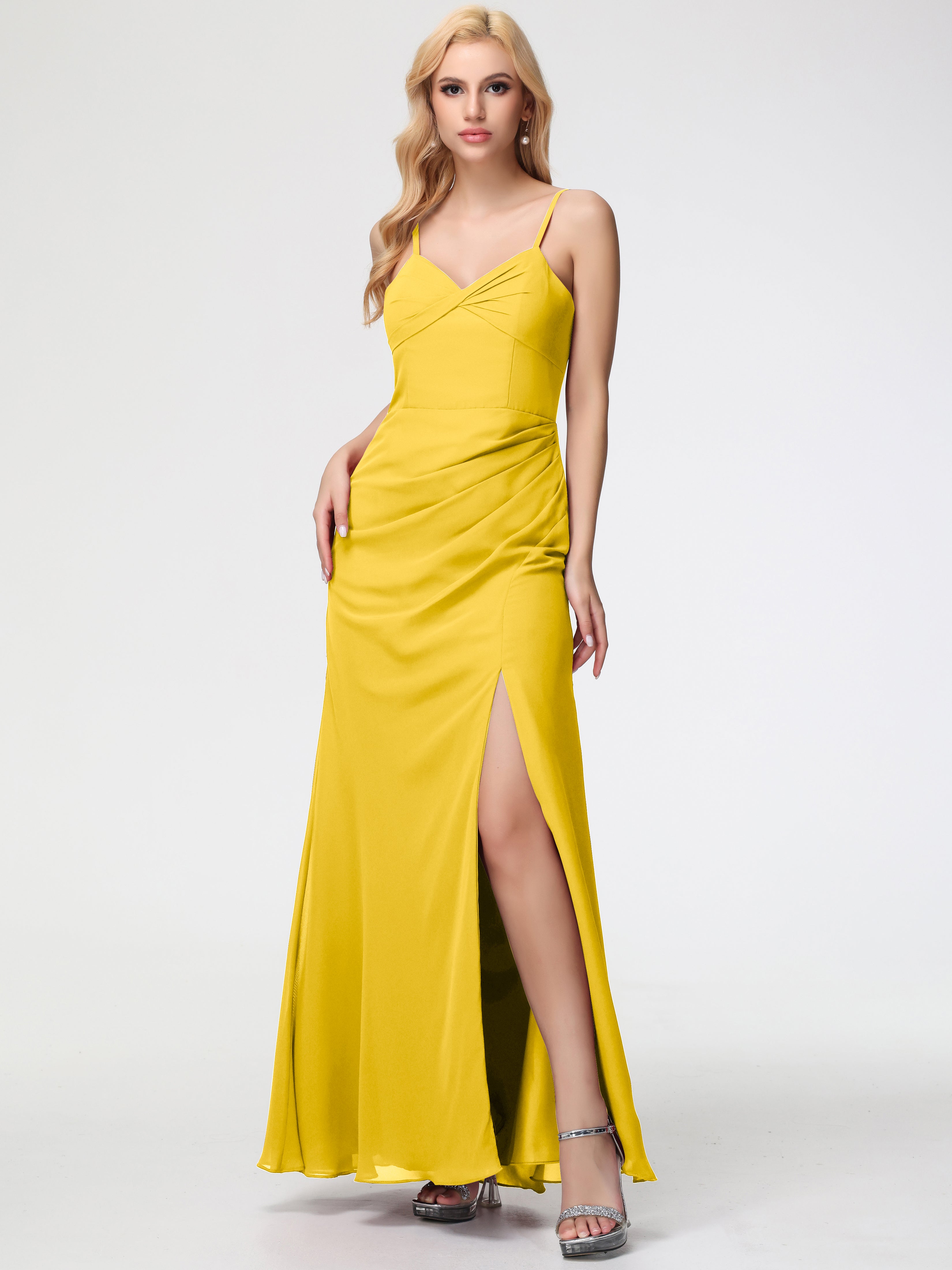 Marigold Yellow Bridesmaid Dress Sheath/Column Spaghetti Straps V-Neck Floor Length Chiffon Bridesmaid Dresses with Slit Marigold Yellow Bridesmaid Dress Sheath/Column Spaghetti Straps V-Neck Floor Length Chiffon Bridesmaid Dresses with Slit