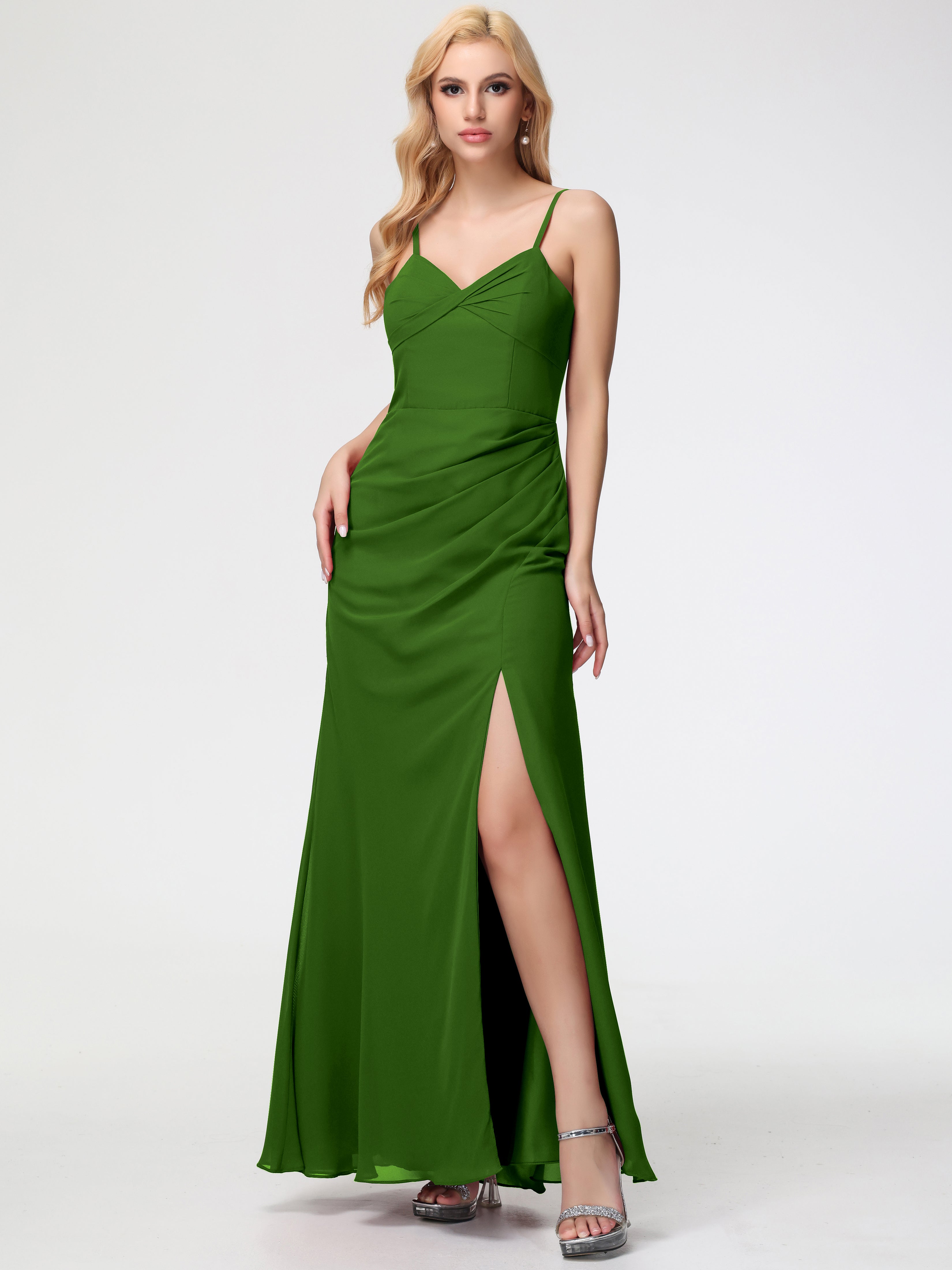 Moss Colored Bridesmaid Dresses Sheath/Column Spaghetti Straps V-Neck Floor Length Chiffon Bridesmaid Dresses with Slit Moss Colored Bridesmaid Dresses Sheath/Column Spaghetti Straps V-Neck Floor Length Chiffon Bridesmaid Dresses with Slit