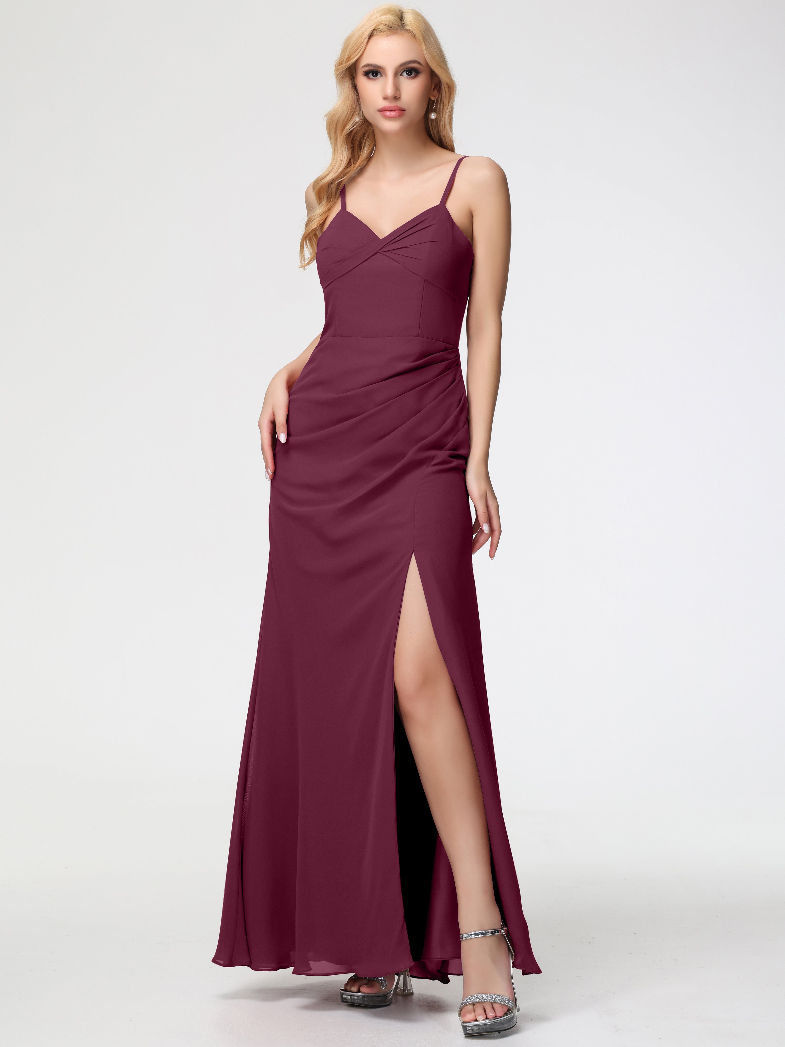 Mulberry Color Bridesmaid Dresses Sheath/Column Spaghetti Straps V-Neck Floor Length Chiffon Bridesmaid Dresses with Slit Mulberry Color Bridesmaid Dresses Sheath/Column Spaghetti Straps V-Neck Floor Length Chiffon Bridesmaid Dresses with Slit