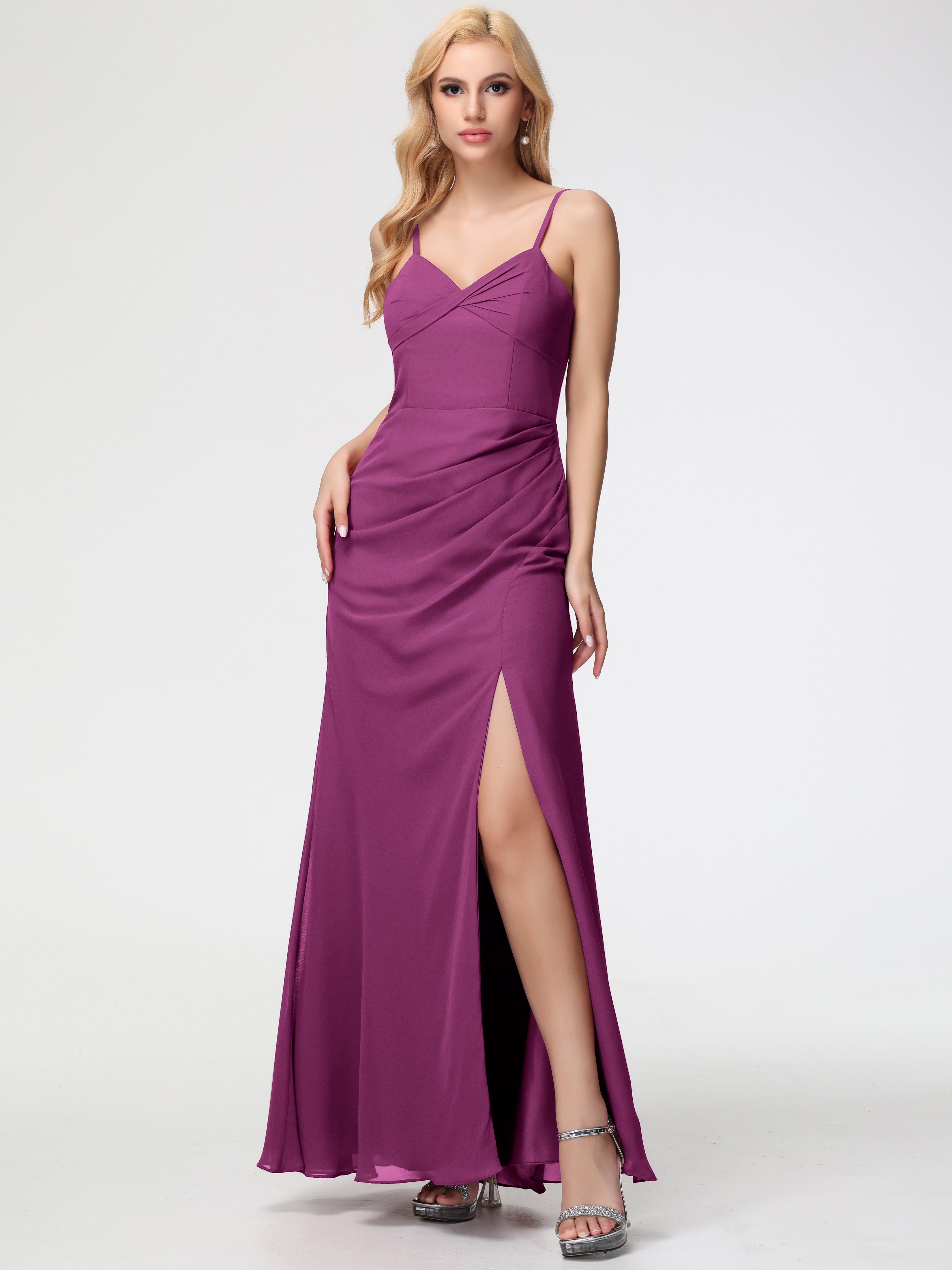 Orchid Colour Bridesmaid Dress Sheath/Column Spaghetti Straps V-Neck Floor Length Chiffon Bridesmaid Dresses with Slit Orchid Colour Bridesmaid Dress Sheath/Column Spaghetti Straps V-Neck Floor Length Chiffon Bridesmaid Dresses with Slit