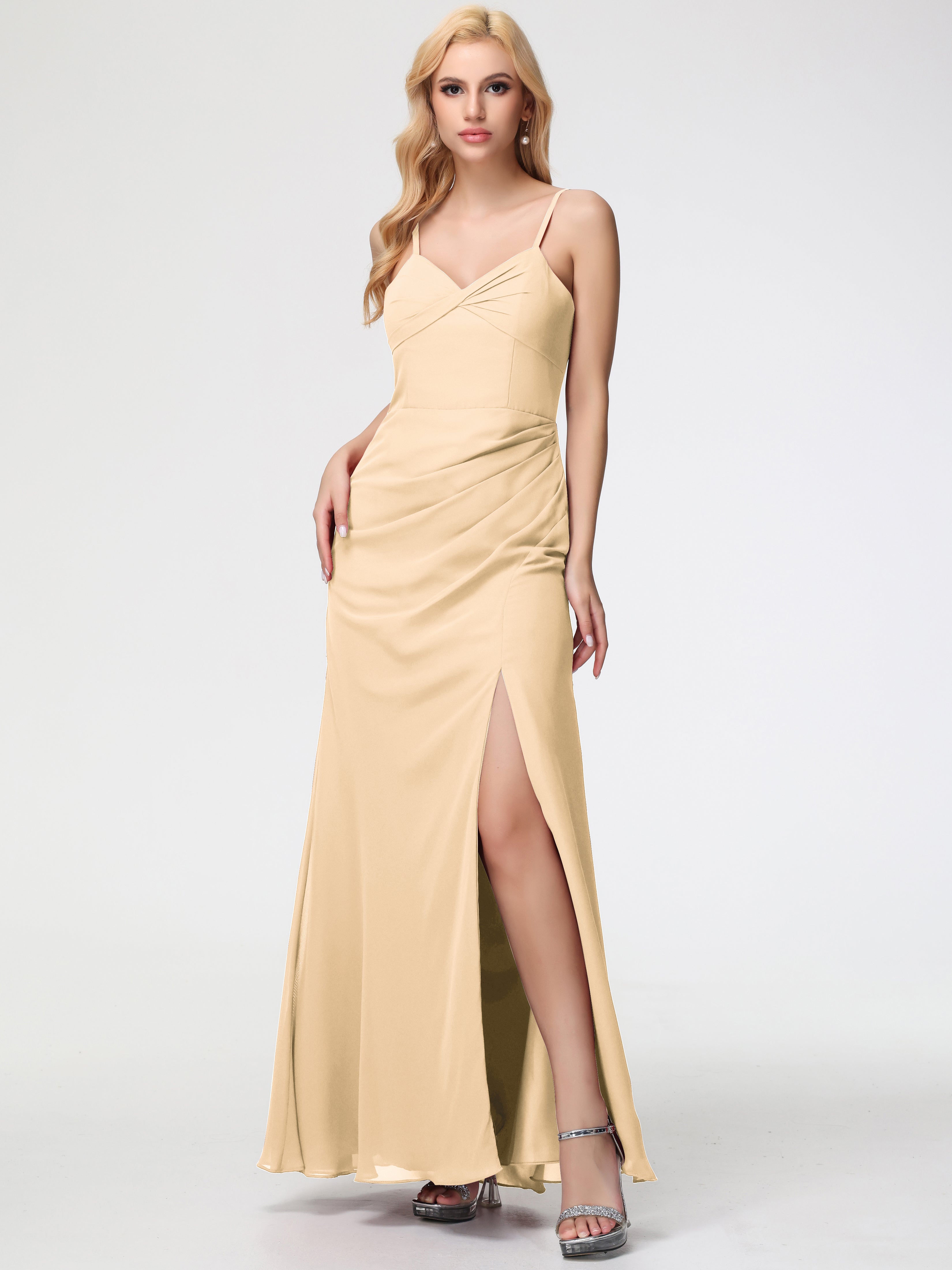 Peach Bridesmaids Dresses Sheath/Column Spaghetti Straps V-Neck Floor Length Chiffon Bridesmaid Dresses with Slit Peach Bridesmaids Dresses Sheath/Column Spaghetti Straps V-Neck Floor Length Chiffon Bridesmaid Dresses with Slit
