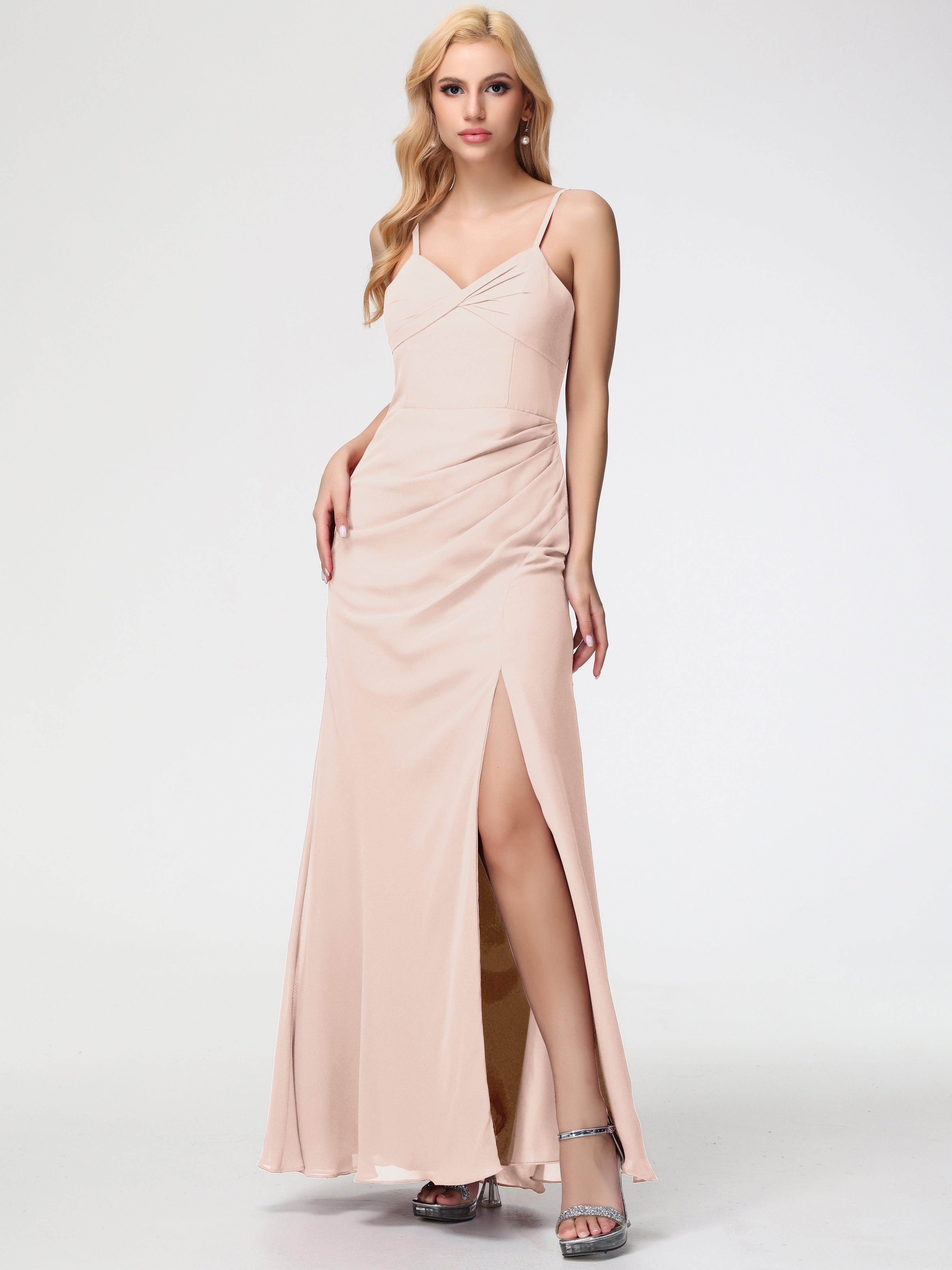 Bridesmaid Dresses Pearl Pink Sheath/Column Spaghetti Straps V-Neck Floor Length Chiffon Bridesmaid Dresses with Slit Bridesmaid Dresses Pearl Pink Sheath/Column Spaghetti Straps V-Neck Floor Length Chiffon Bridesmaid Dresses with Slit