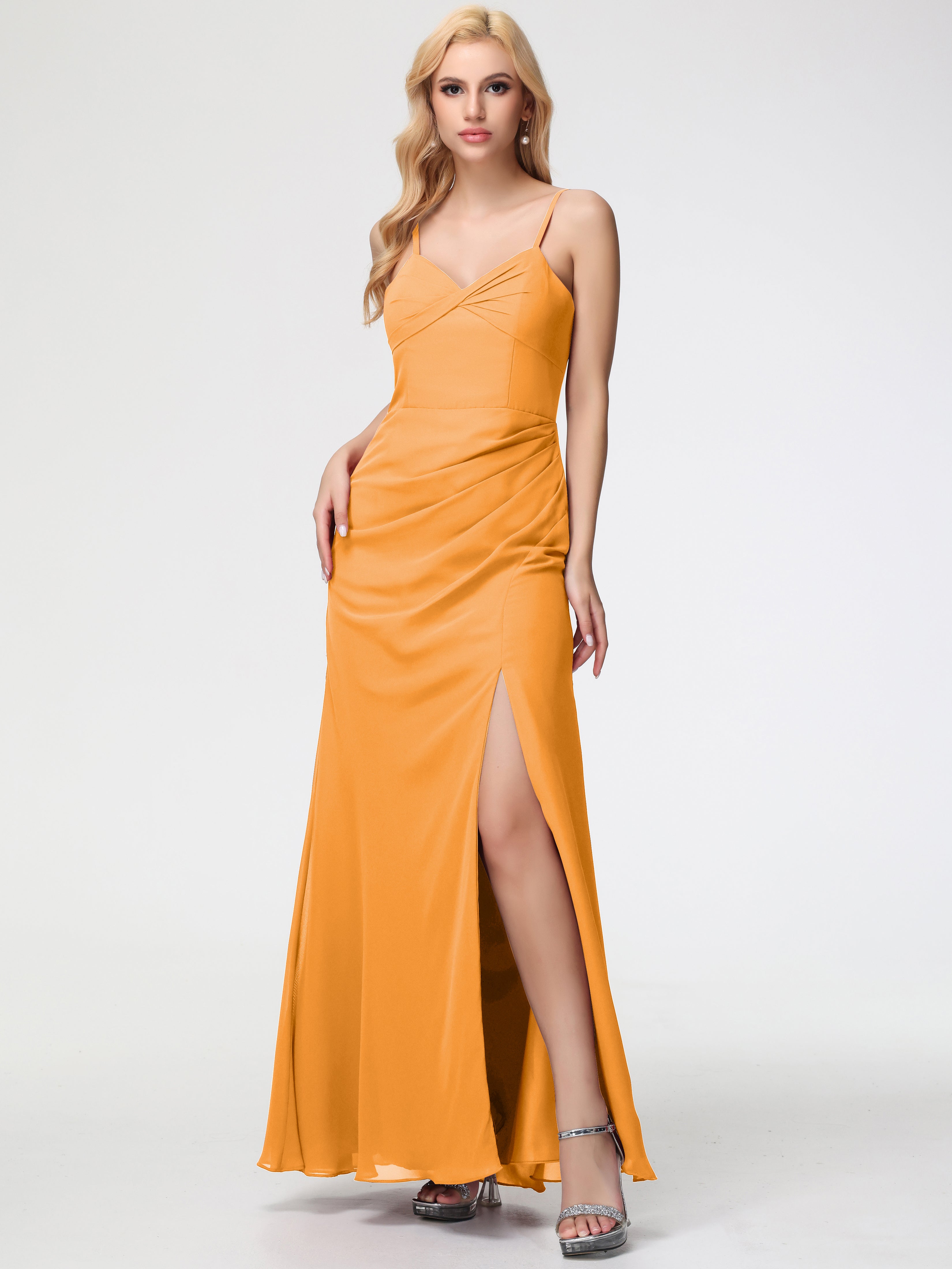 Tangerine Bridesmaids Dress Sheath/Column Spaghetti Straps V-Neck Floor Length Chiffon Bridesmaid Dresses with Slit Tangerine Bridesmaids Dress Sheath/Column Spaghetti Straps V-Neck Floor Length Chiffon Bridesmaid Dresses with Slit