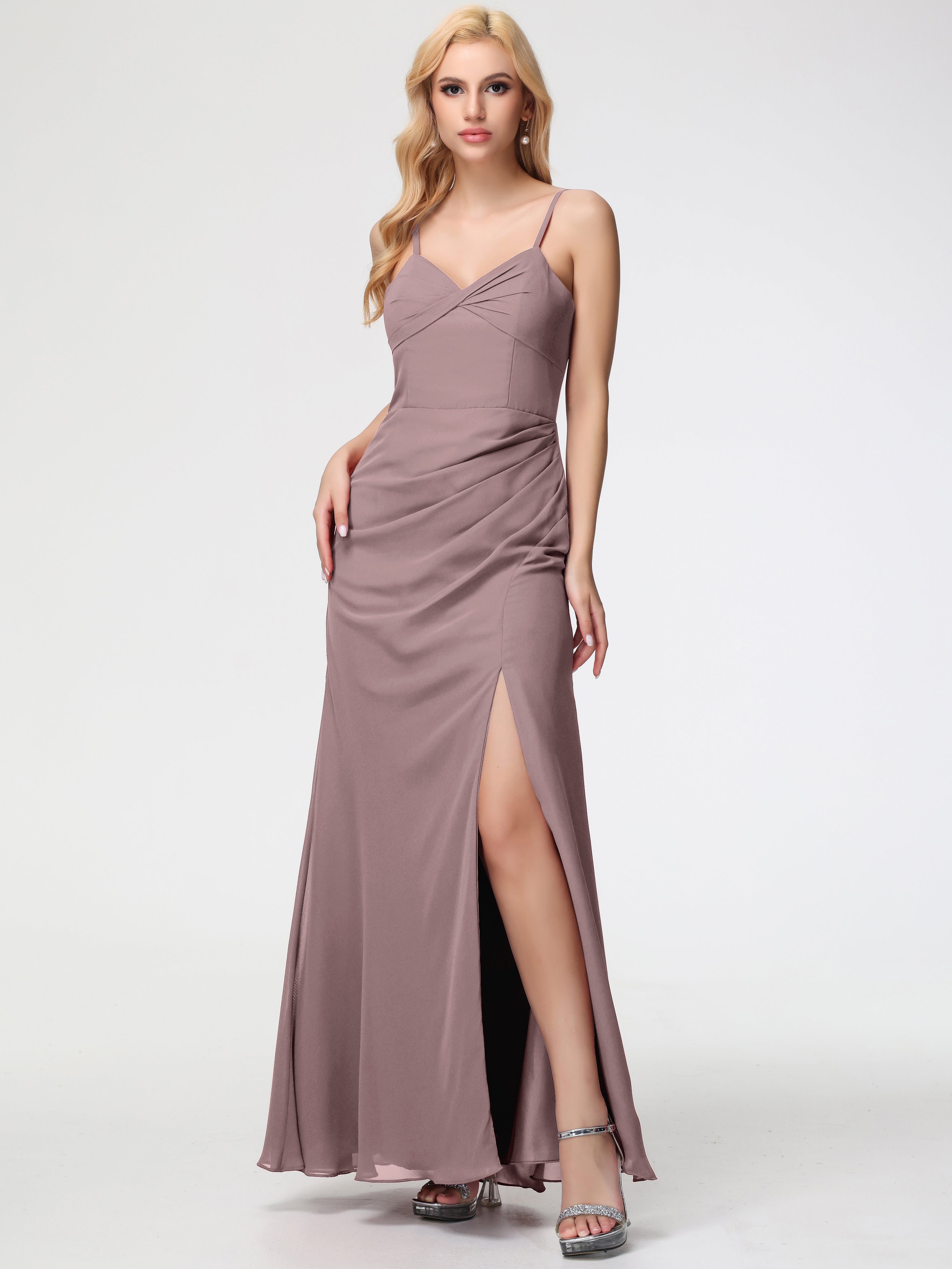 Vintage Mauve Bridesmaid Dress Sheath/Column Spaghetti Straps V-Neck Floor Length Chiffon Bridesmaid Dresses with Slit Vintage Mauve Bridesmaid Dress Sheath/Column Spaghetti Straps V-Neck Floor Length Chiffon Bridesmaid Dresses with Slit