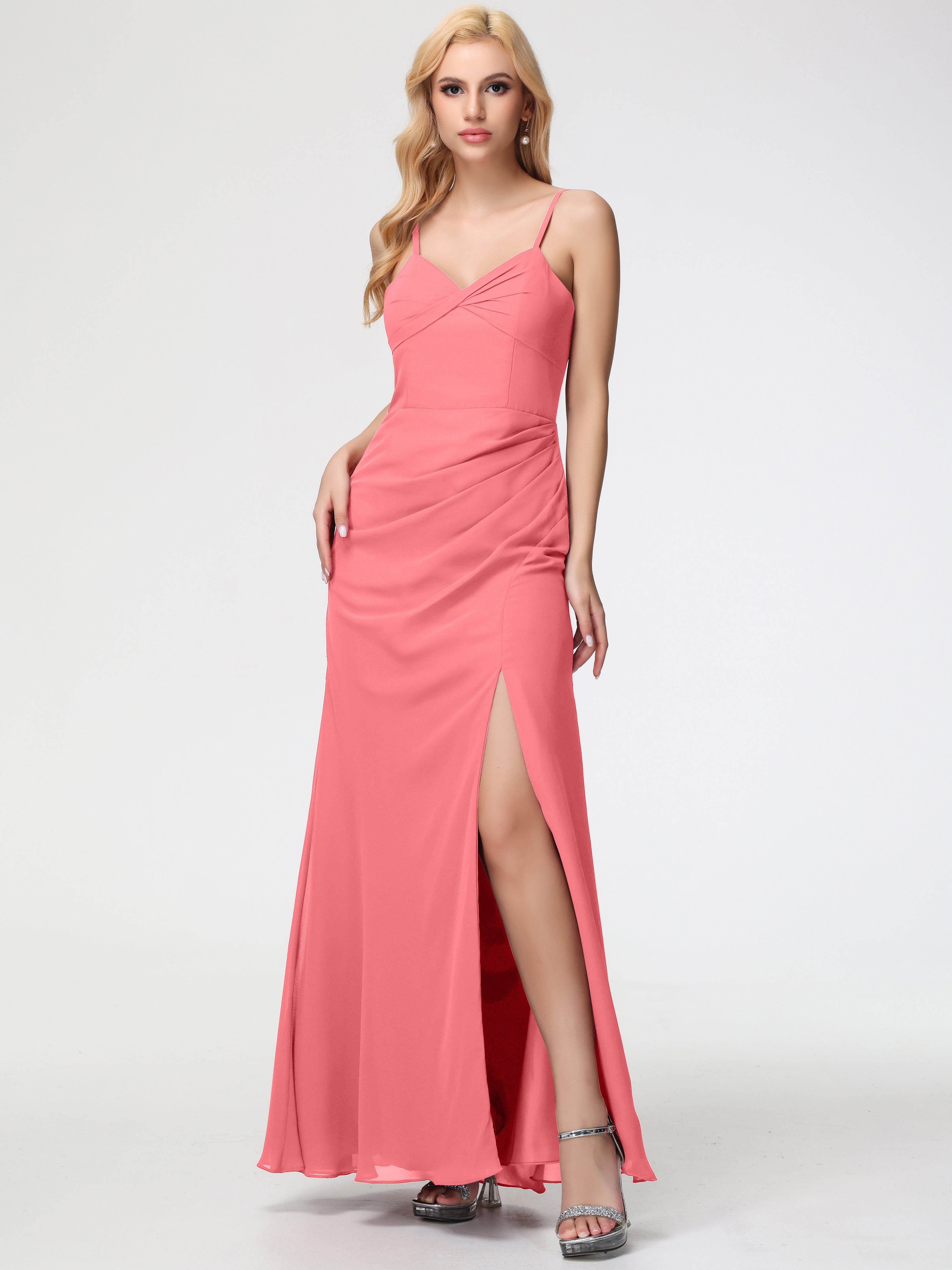 watermelon color bridesmaid dresses Watermelon Strapless A-line Chiffon Floor Length Bridesmaid Dress