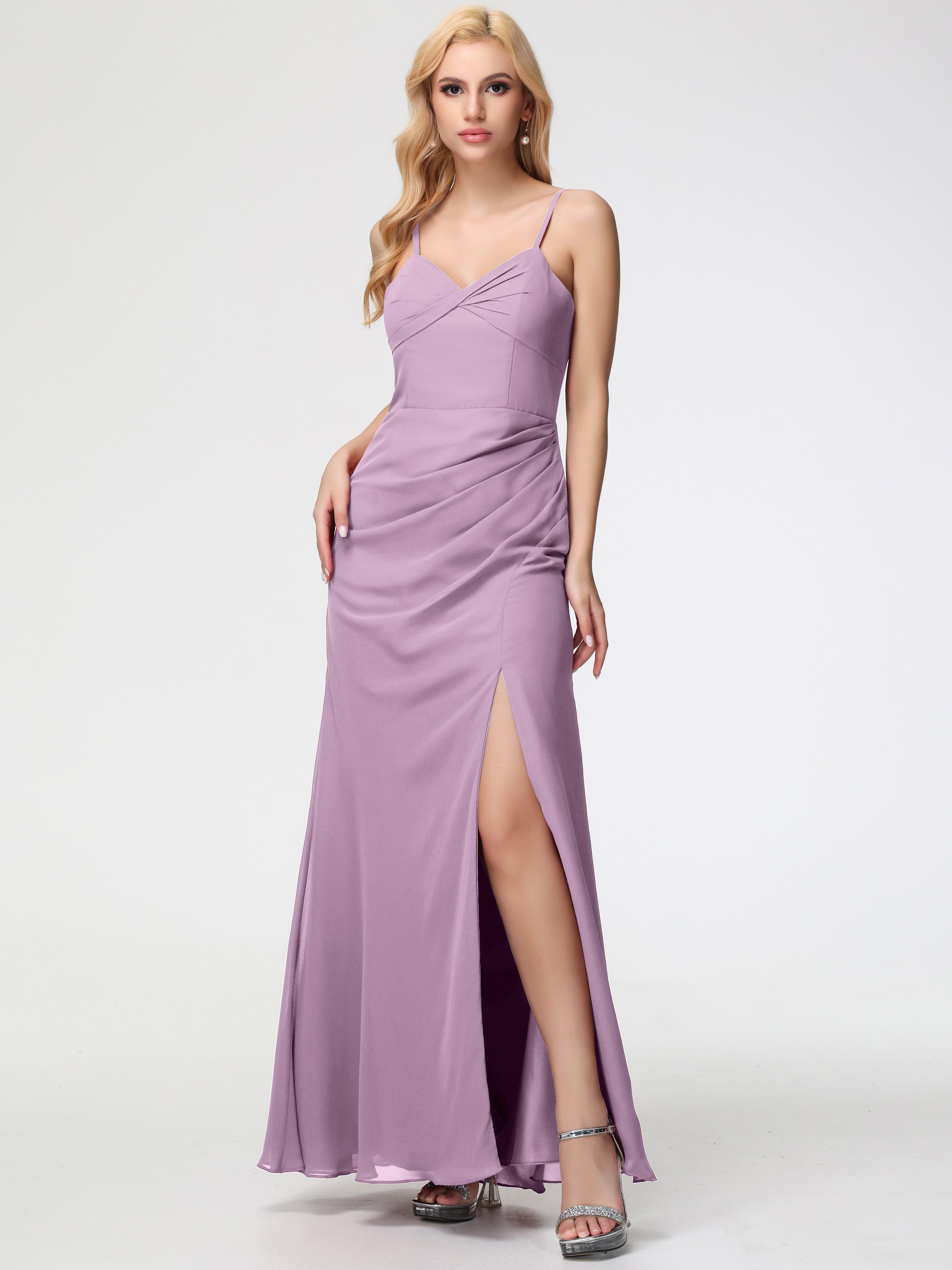 Wisteria Colored Bridesmaid Dresses Sheath/Column Spaghetti Straps V-Neck Floor Length Chiffon Bridesmaid Dresses with Slit Wisteria Colored Bridesmaid Dresses Sheath/Column Spaghetti Straps V-Neck Floor Length Chiffon Bridesmaid Dresses with Slit