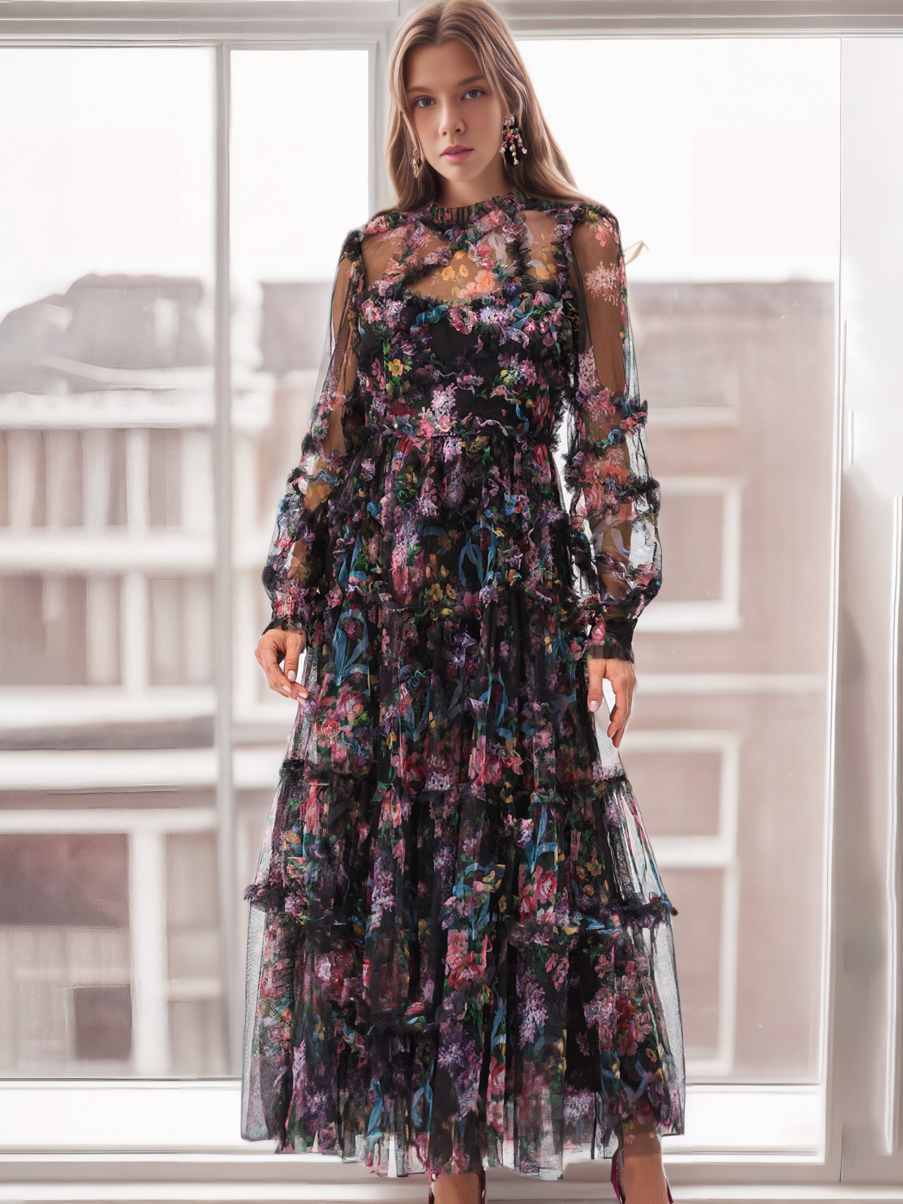 Mock Neck Floral Long Sleeves Tulle Tiered Ruffle Bridesmaid Dresses Mock Neck Floral Long Sleeves Tulle Tiered Ruffle Bridesmaid Dresses