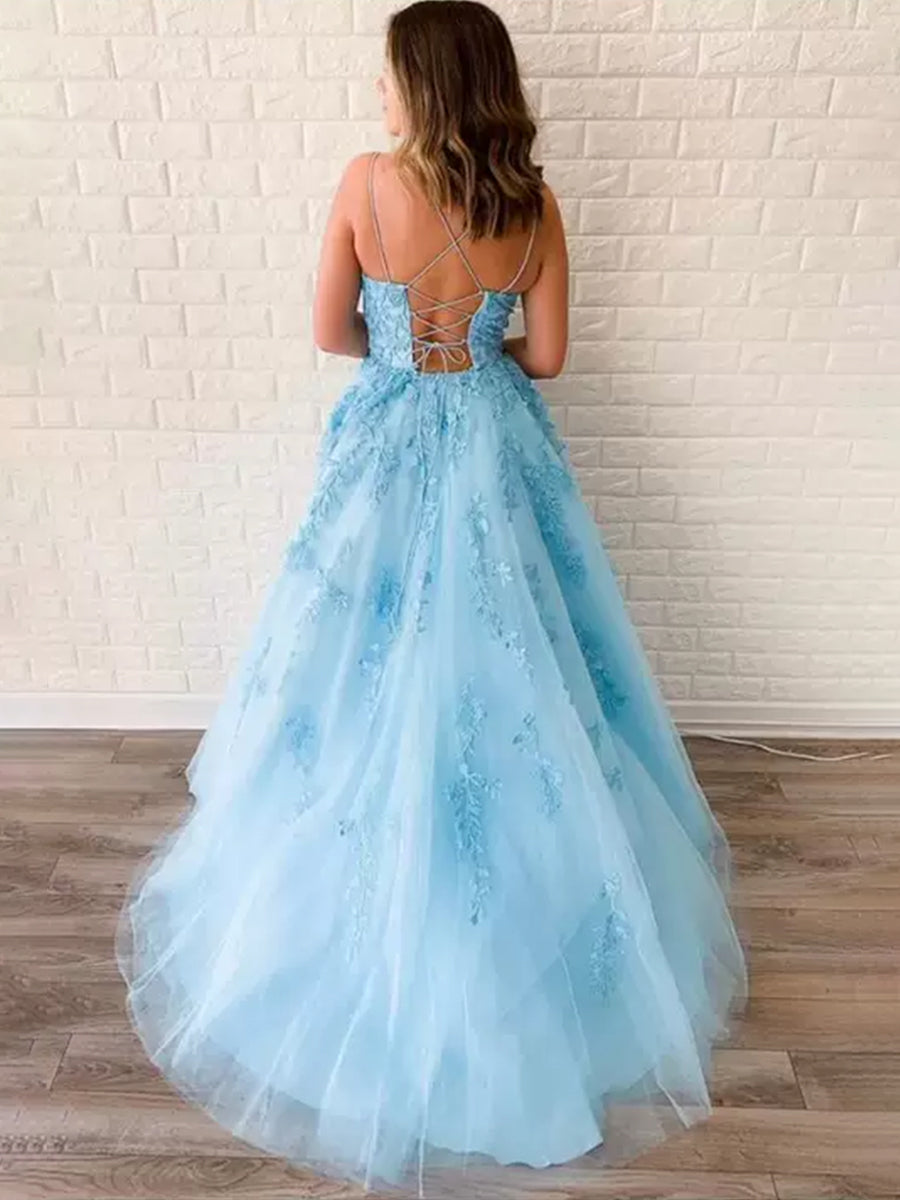 Sky Blue Formal Dresses Elegant Spaghetti Straps A-line Lace Appliques Tulle Formal Dress