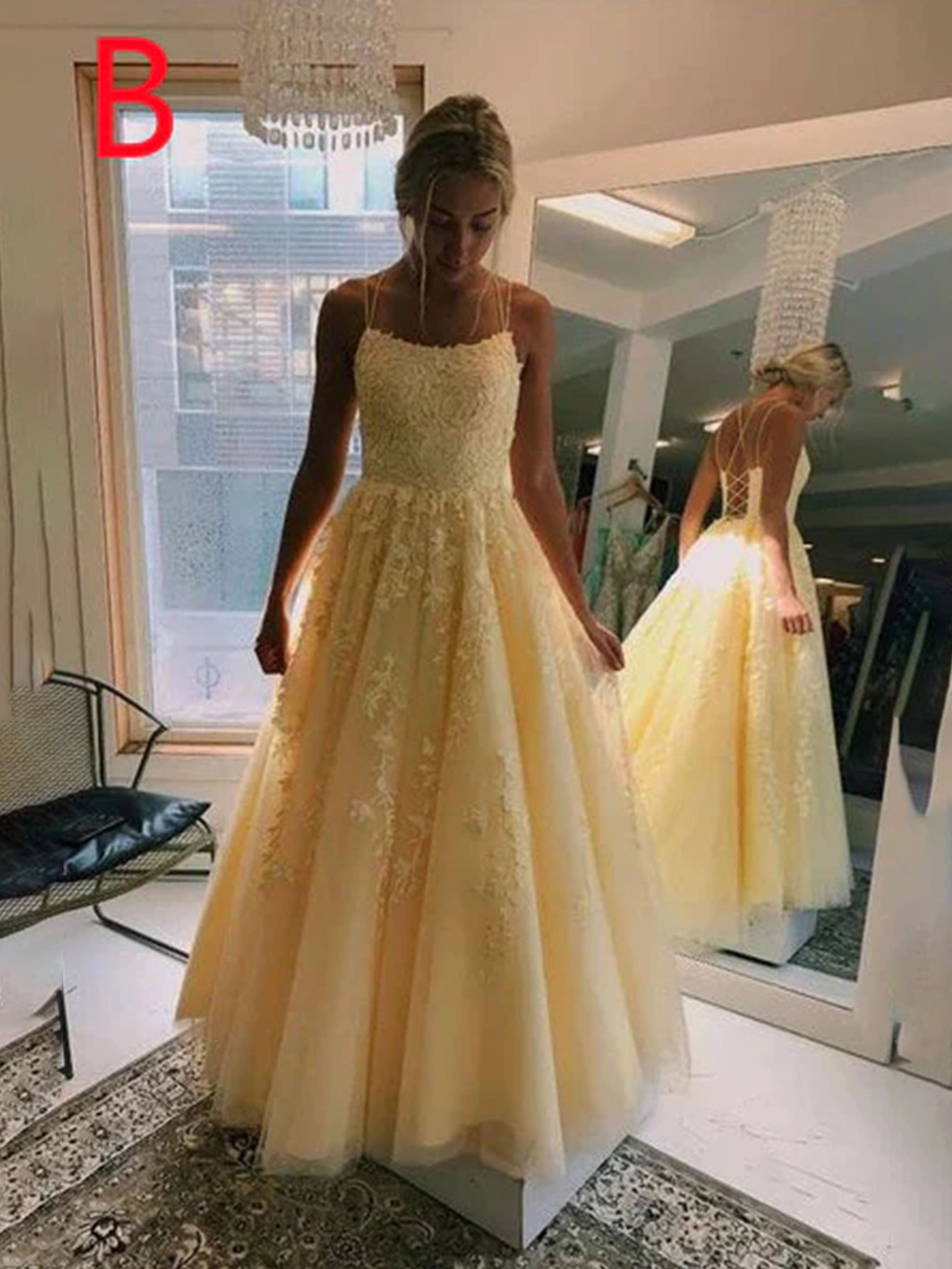 Daffodil Yellow Prom Dress Elegant Spaghetti Straps A-line Lace Appliques Tulle Prom Dress Daffodil Yellow Prom Dress Elegant Spaghetti Straps A-line Lace Appliques Tulle Prom Dress