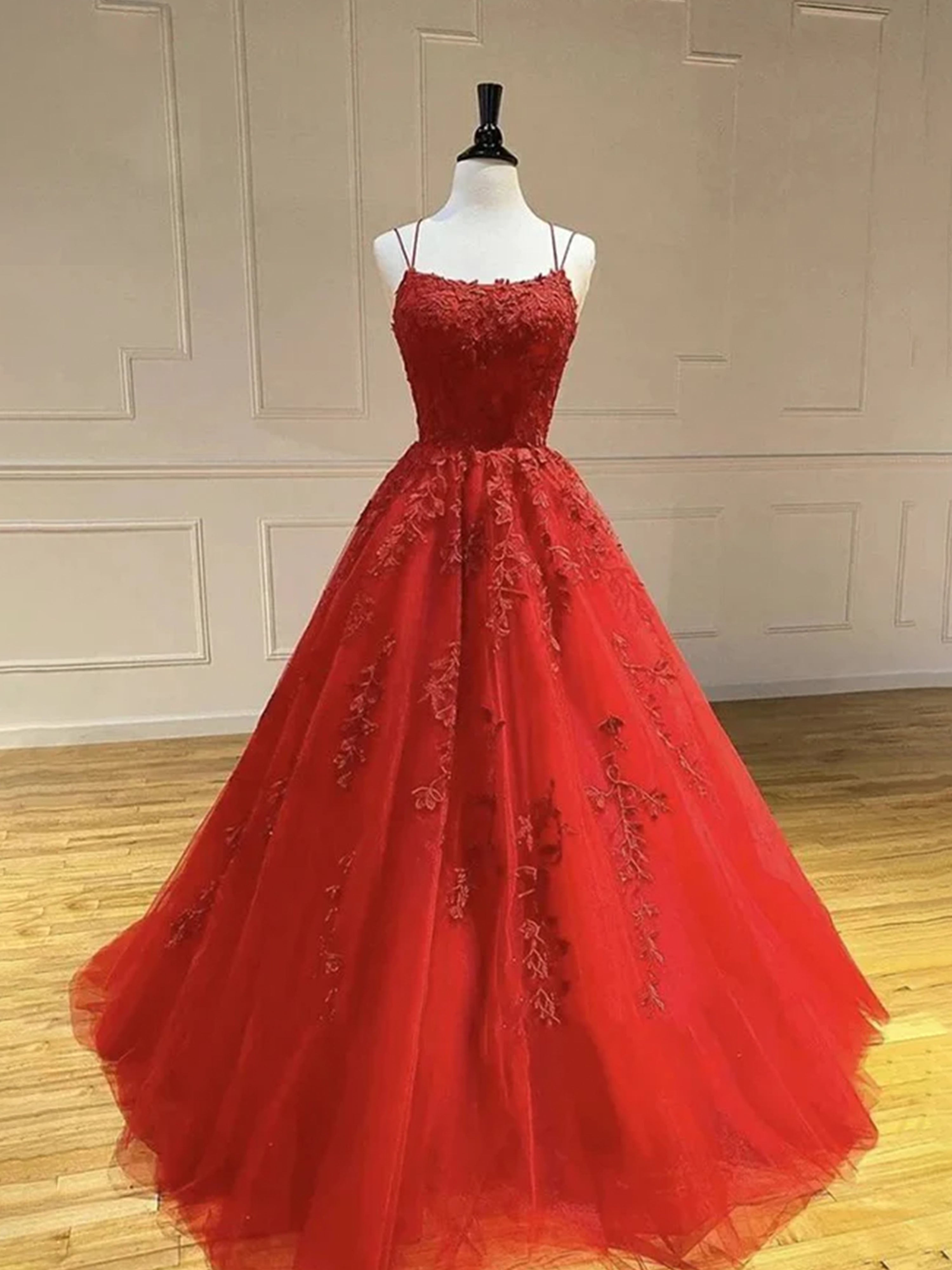 Red Lace Prom Dress Elegant Spaghetti Straps A-line Lace Appliques Tulle Prom Dress Red Lace Prom Dress Elegant Spaghetti Straps A-line Lace Appliques Tulle Prom Dress