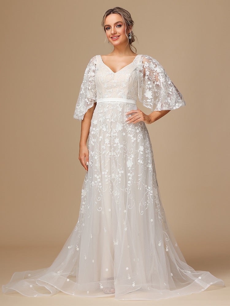 Short Sleeves V Neck Backless Lace Wedding Dress Short Sleeves V Neck Backless Lace Wedding Dress