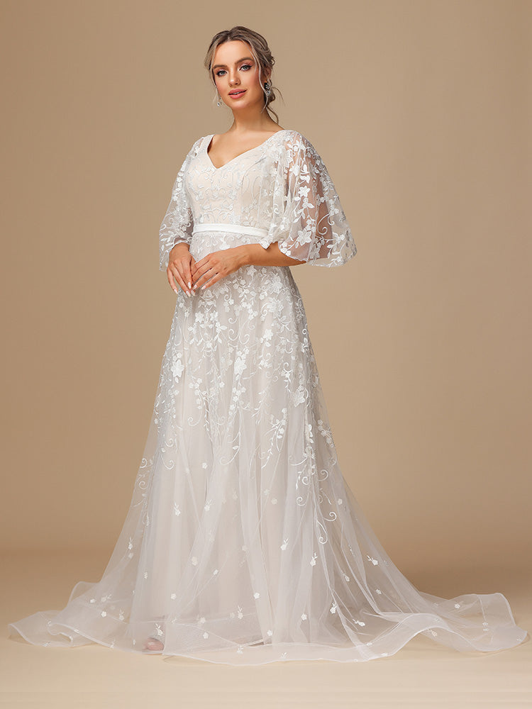 Short Sleeves V Neck Backless Lace Wedding Dress