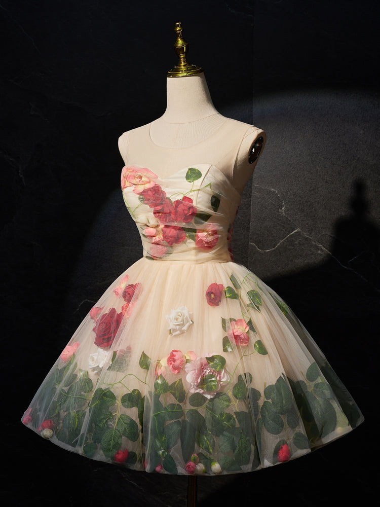 A Line Floral Sleeveless Short Homecoming Dresses A Line Floral Sleeveless Short Homecoming Dresses