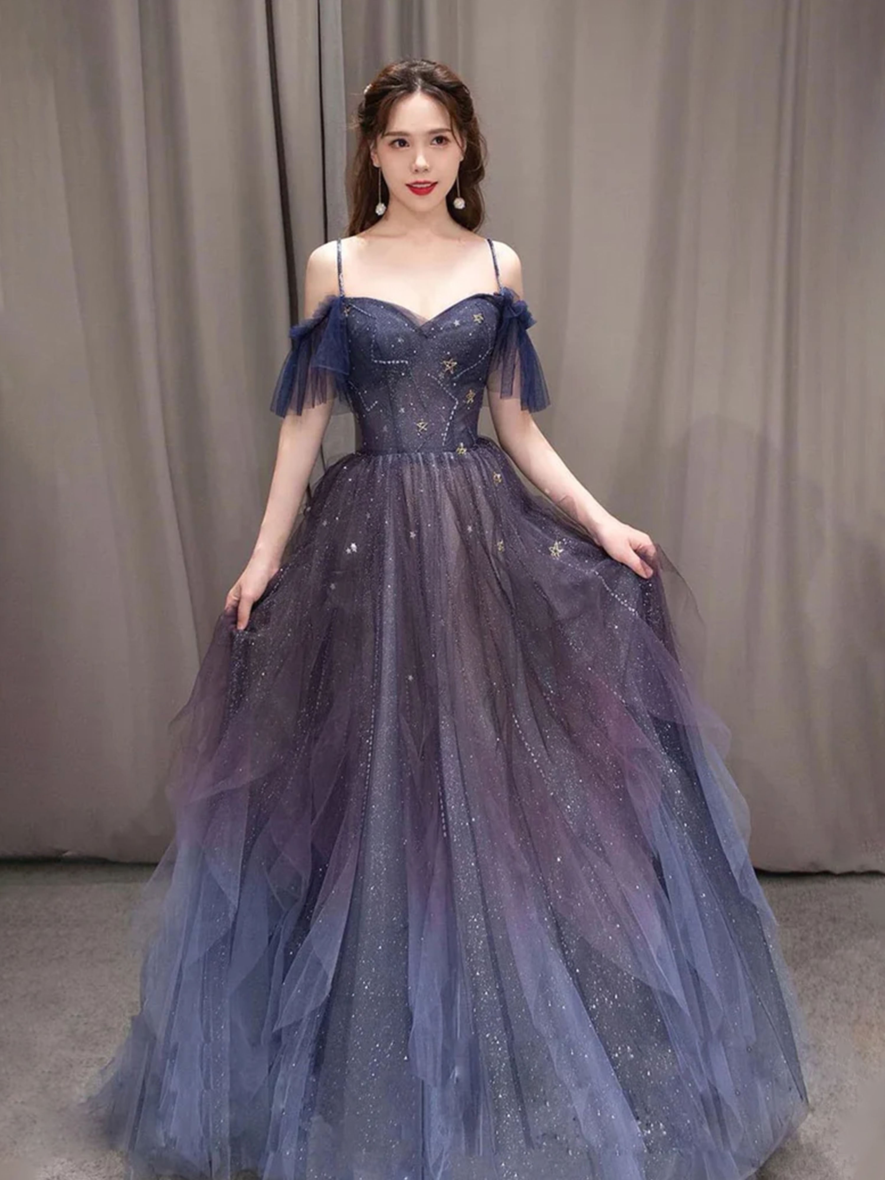 Elegant Off-the-Shoulder Straps Ombre Purple Tulle Long Prom Dress Elegant Off-the-Shoulder Straps Ombre Purple Tulle Long Prom Dress