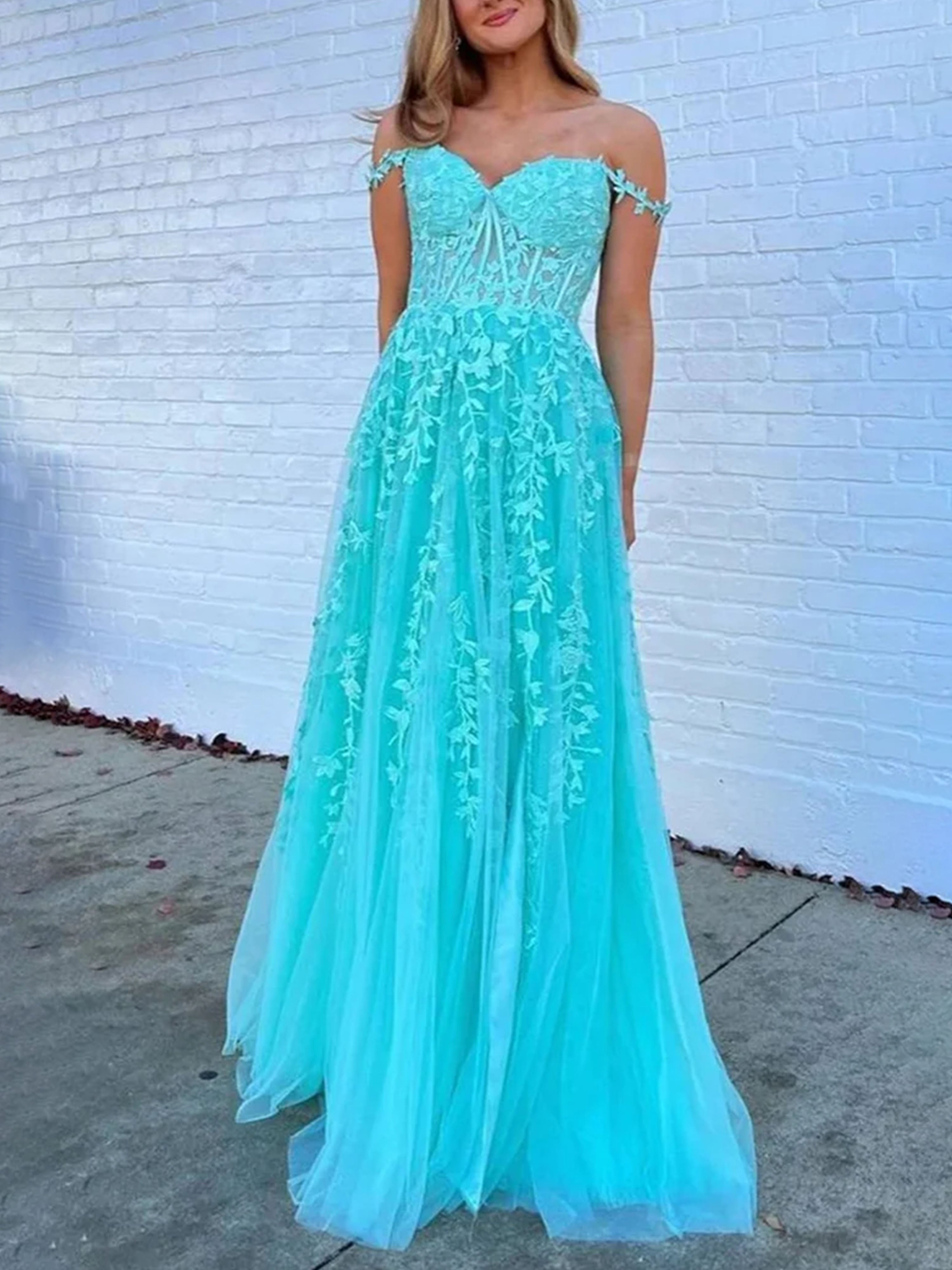 Turquoise Prom Dresses Off the Shoulder Sweetheart A-line Lace Appliqu Turquoise Prom Dresses Off the Shoulder Sweetheart A-line Lace Appliqu
