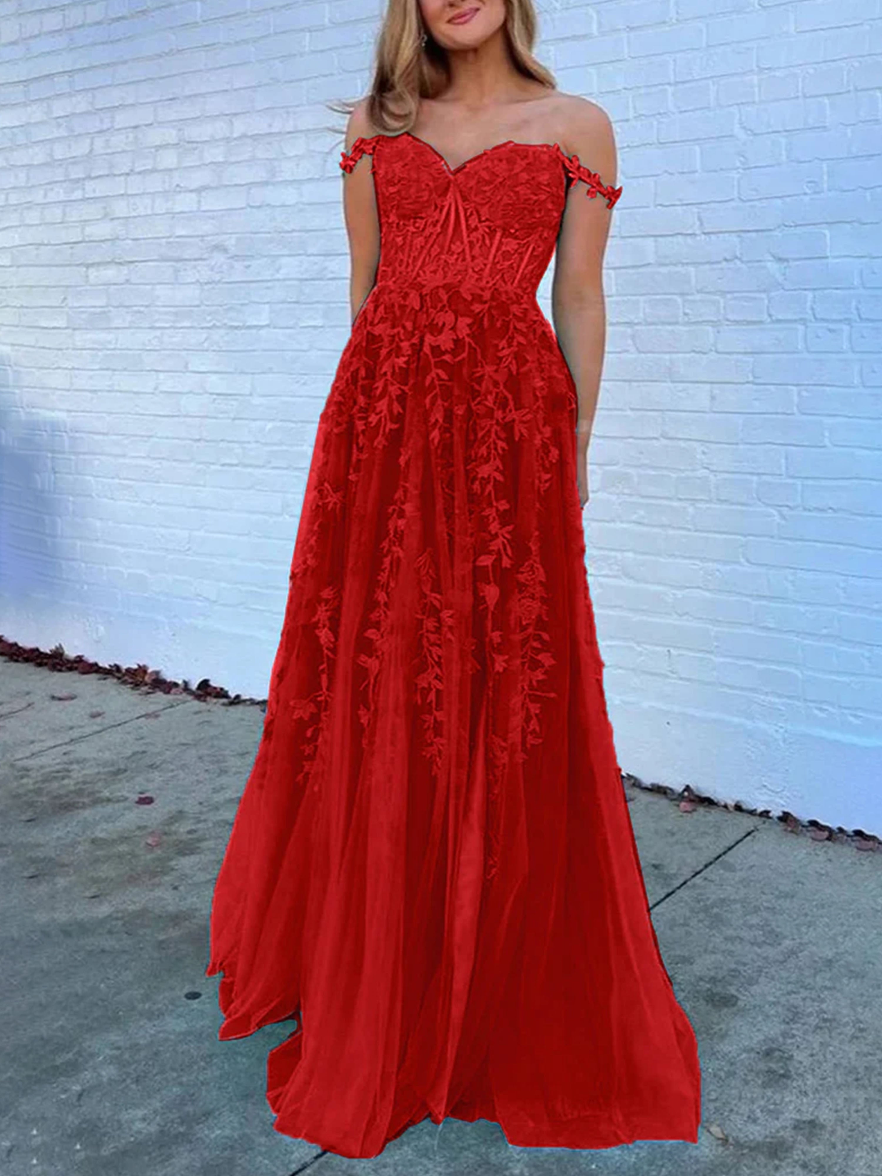 Red Formal Dresses Off the Shoulder Sweetheart A-line Lace Appliques F Red Formal Dresses Off the Shoulder Sweetheart A-line Lace Appliques F