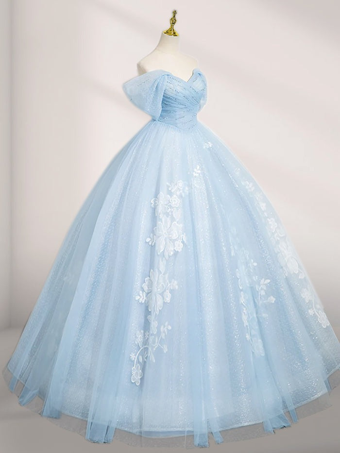 Off The Shoulder Sky Blue Prom Dress A-Line Tulle Appliques Quinceanera Dresses Off The Shoulder Sky Blue Prom Dress A-Line Tulle Appliques Quinceanera Dresses