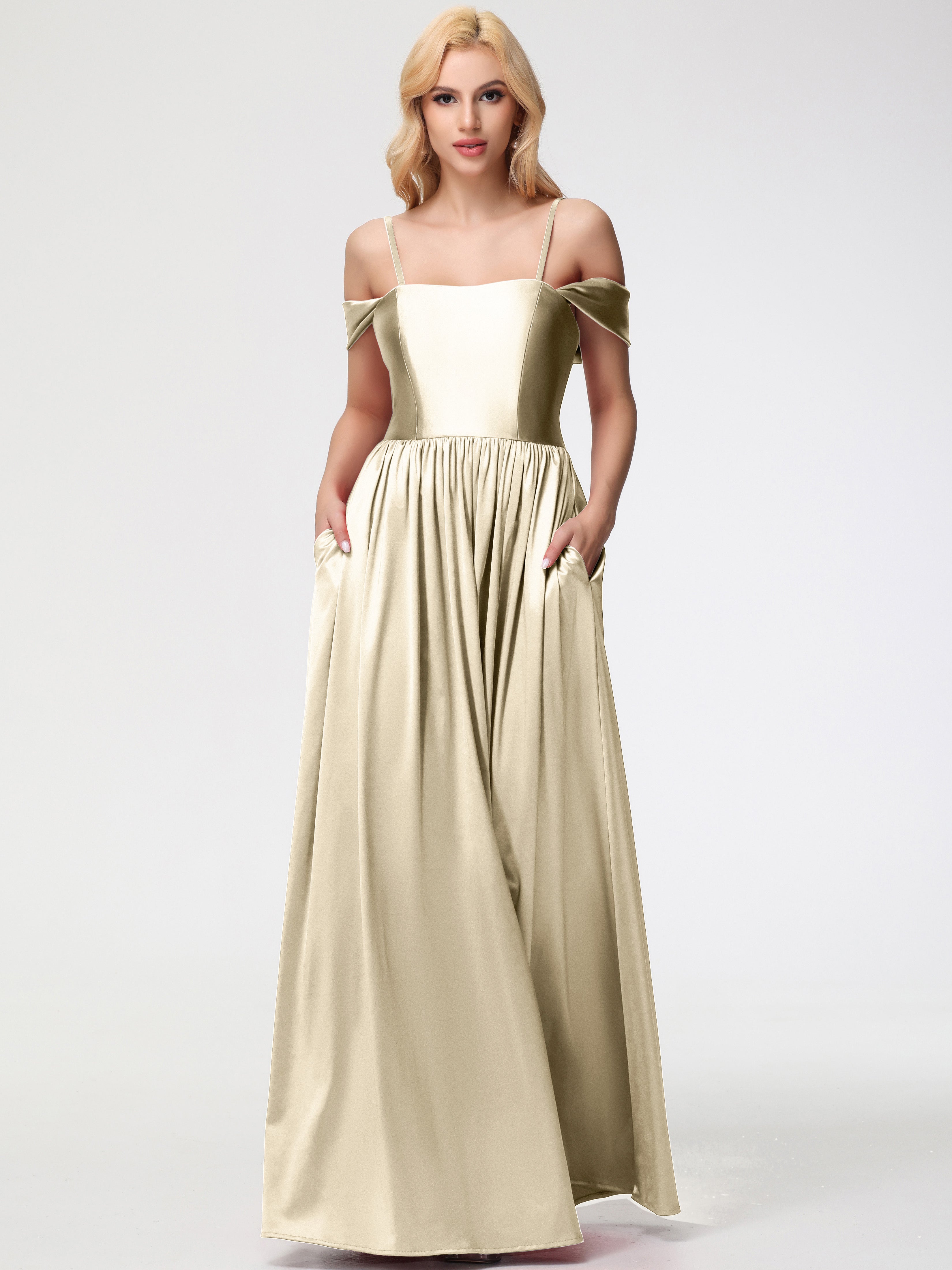 Champagne Silk Bridesmaid Dresses Off The Shoulder Floor Length Stretc Champagne Silk Bridesmaid Dresses Off The Shoulder Floor Length Stretc
