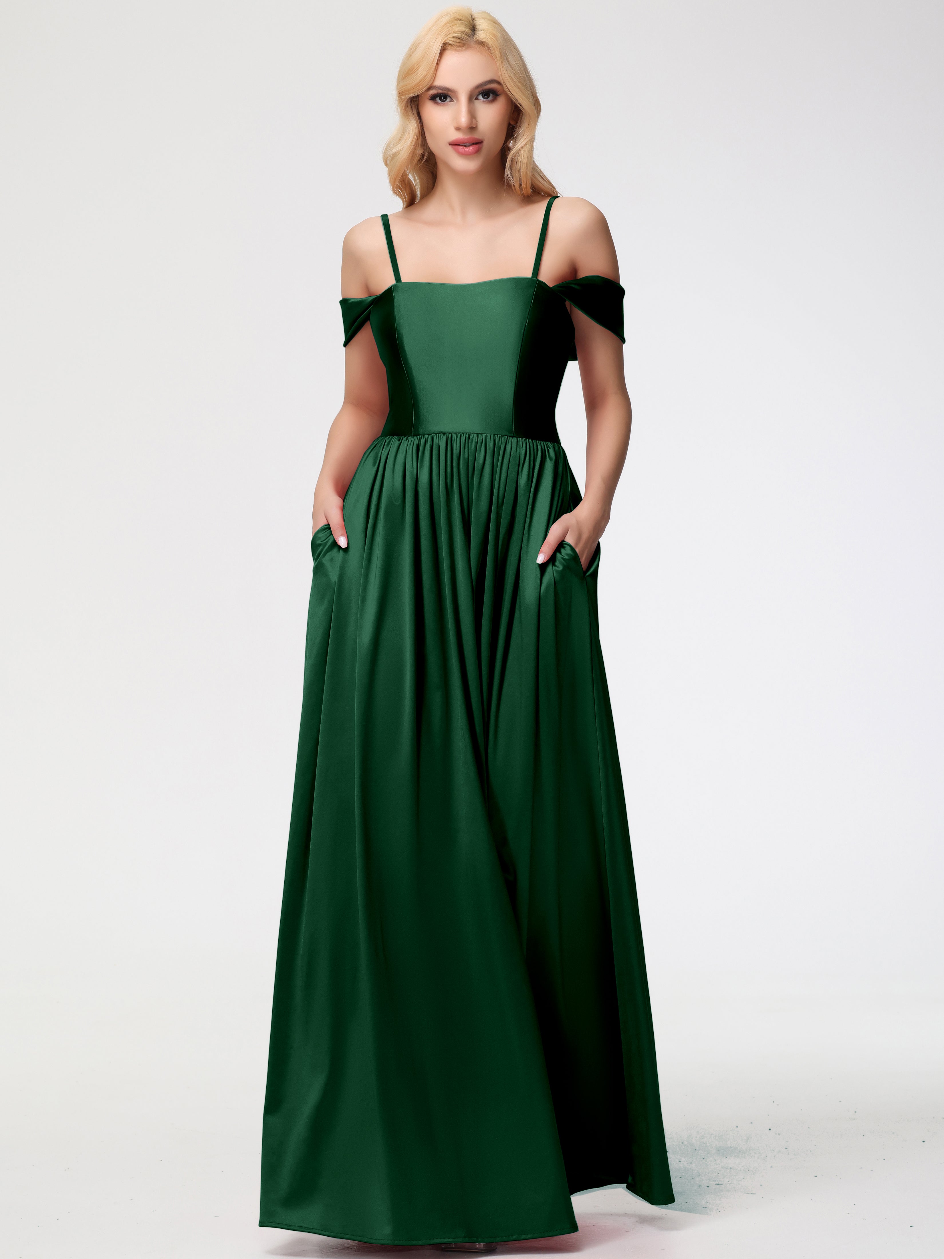 Stretch Satin Dark Green Formal Dresses Off The Shoulder Floor Length