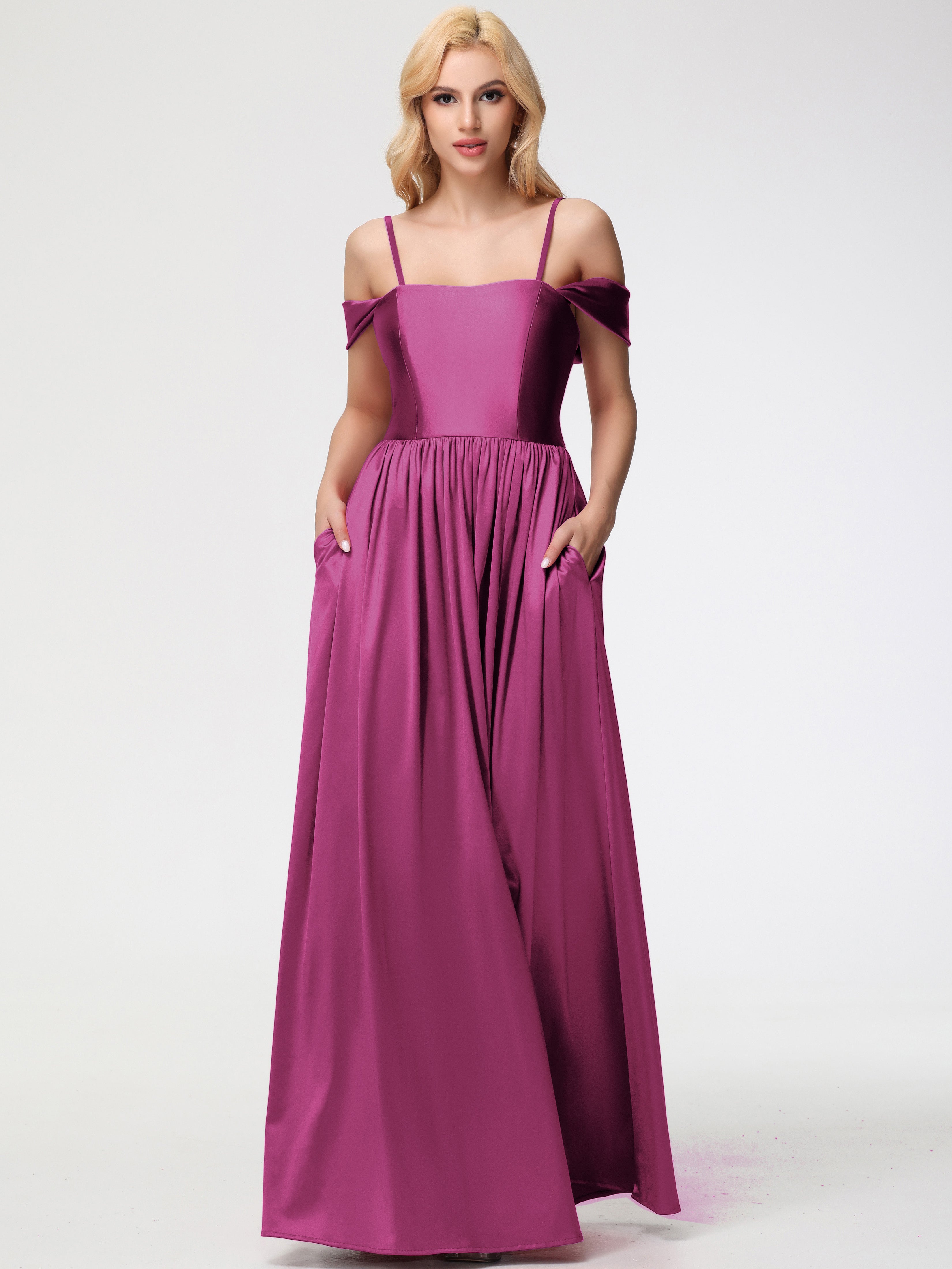 Fuchsia Formal Dresses Off The Shoulder Floor Length Stretch Satin Formal Dress With Pockets Fuchsia Formal Dresses Off The Shoulder Floor Length Stretch Satin Formal Dress With Pockets
