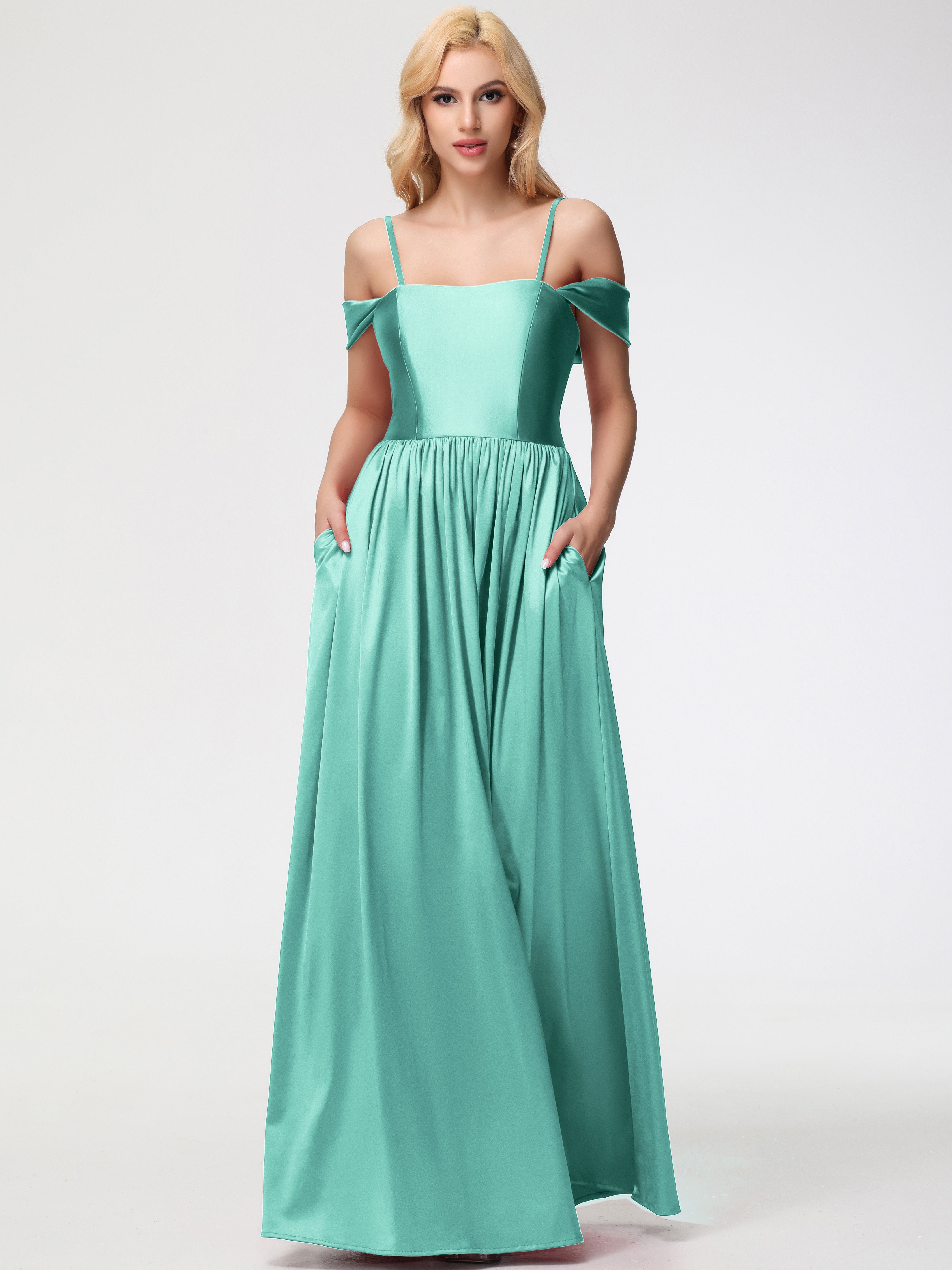 Mint Green Bridesmaids Dresses Off The Shoulder Floor Length Stretch Satin Bridesmaid Dress With Pockets Mint Green Bridesmaids Dresses Off The Shoulder Floor Length Stretch Satin Bridesmaid Dress With Pockets