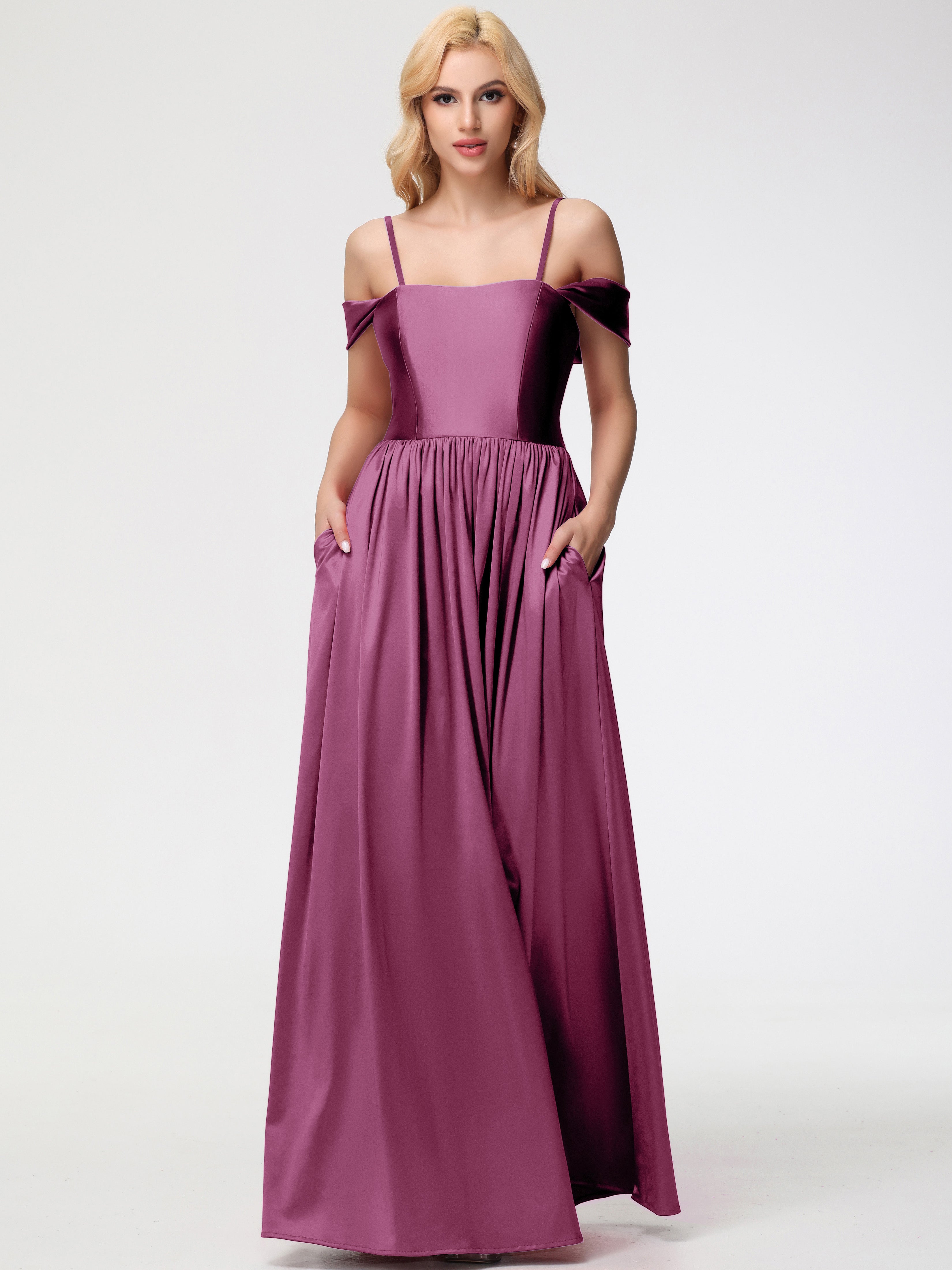 Mulberry Formal Off The Shoulder Floor Length Stretch Satin Formal Dress With Pockets