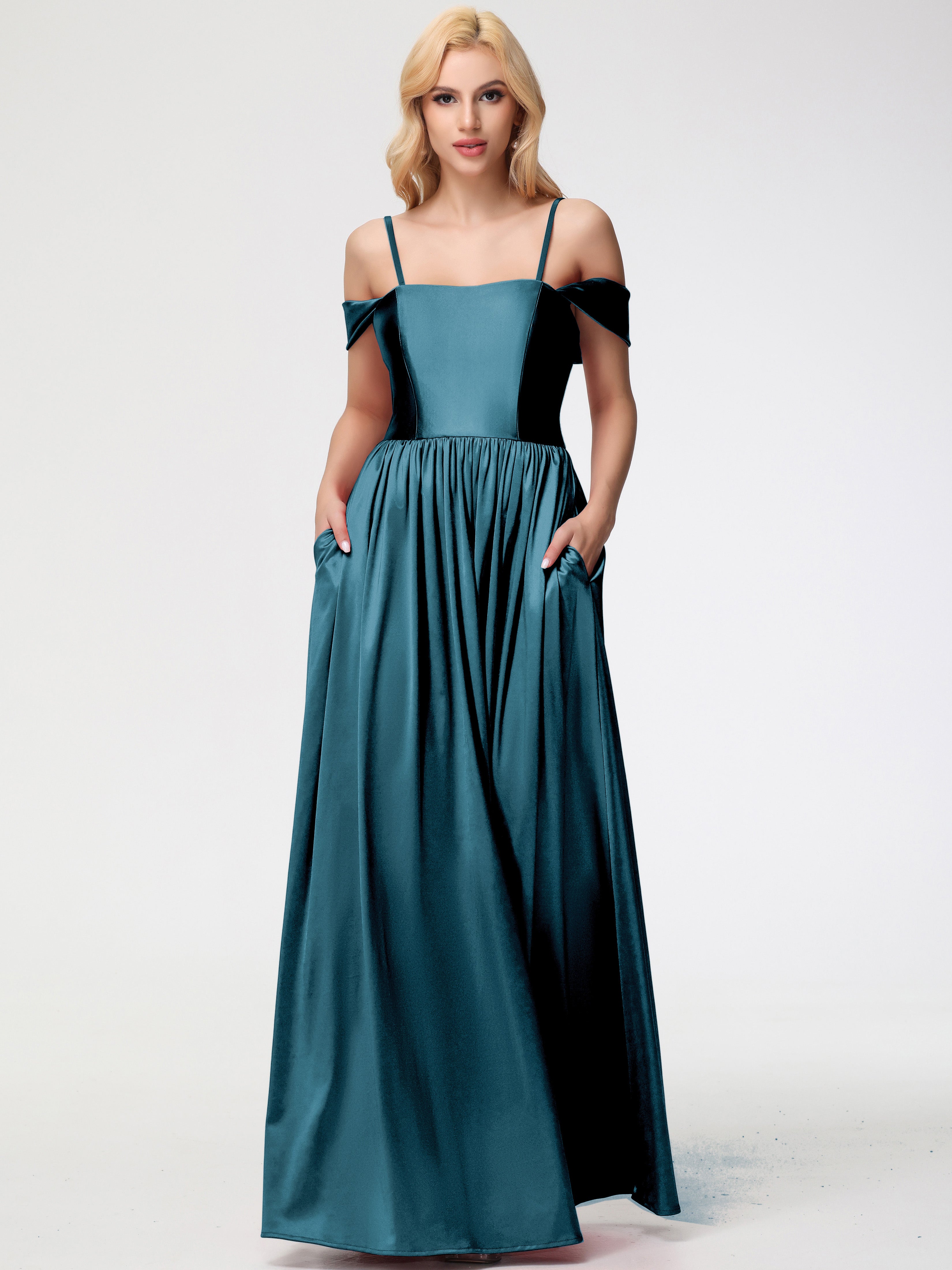 Peacock Color Formal Dresses Off The Shoulder Floor Length Stretch Satin  Formal Dress With Pockets