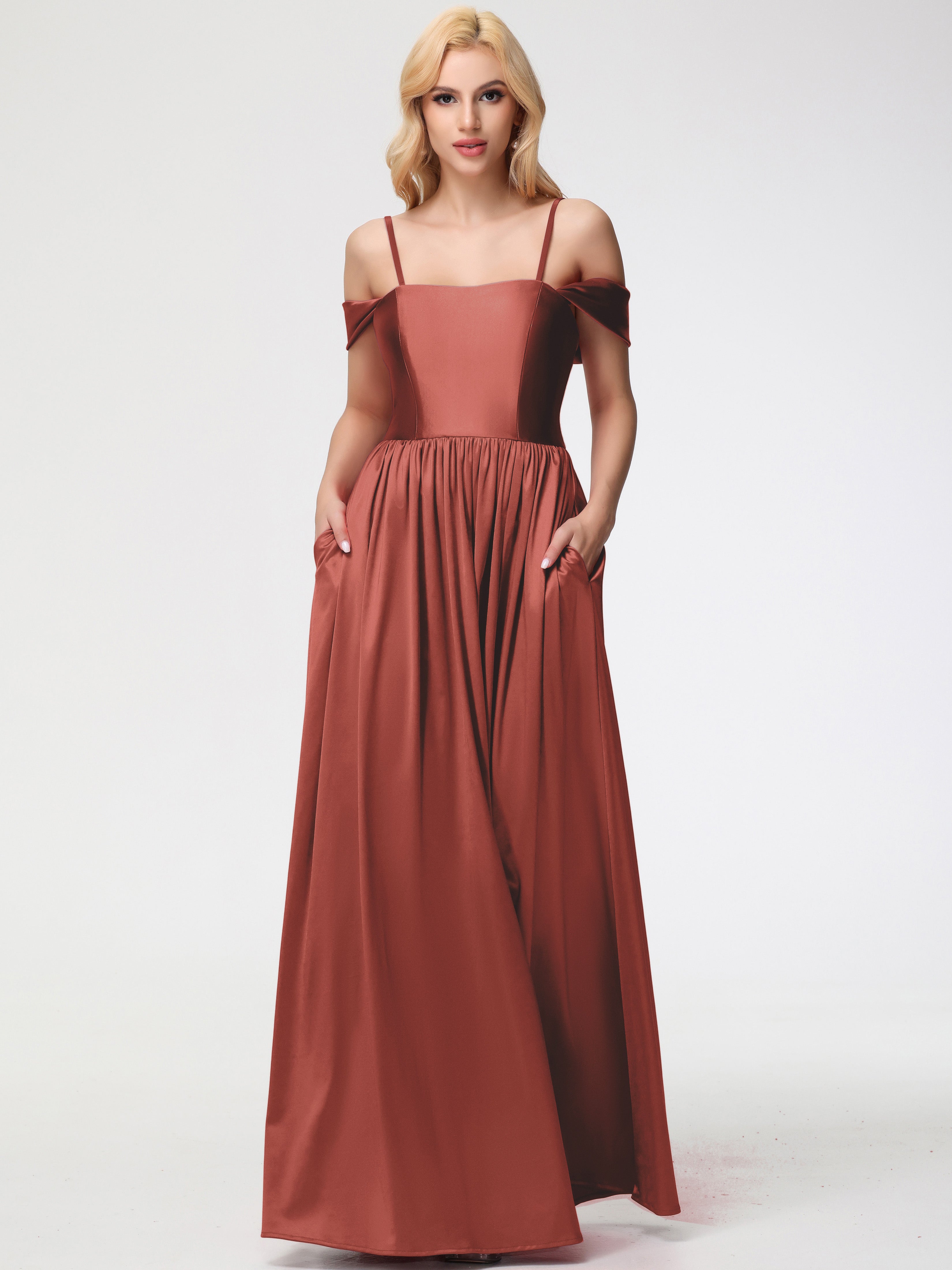 Rust Coloured Prom Dresses Off The Shoulder Floor Length Stretch Satin Prom Dress With Pockets Rust Coloured Prom Dresses Off The Shoulder Floor Length Stretch Satin Prom Dress With Pockets