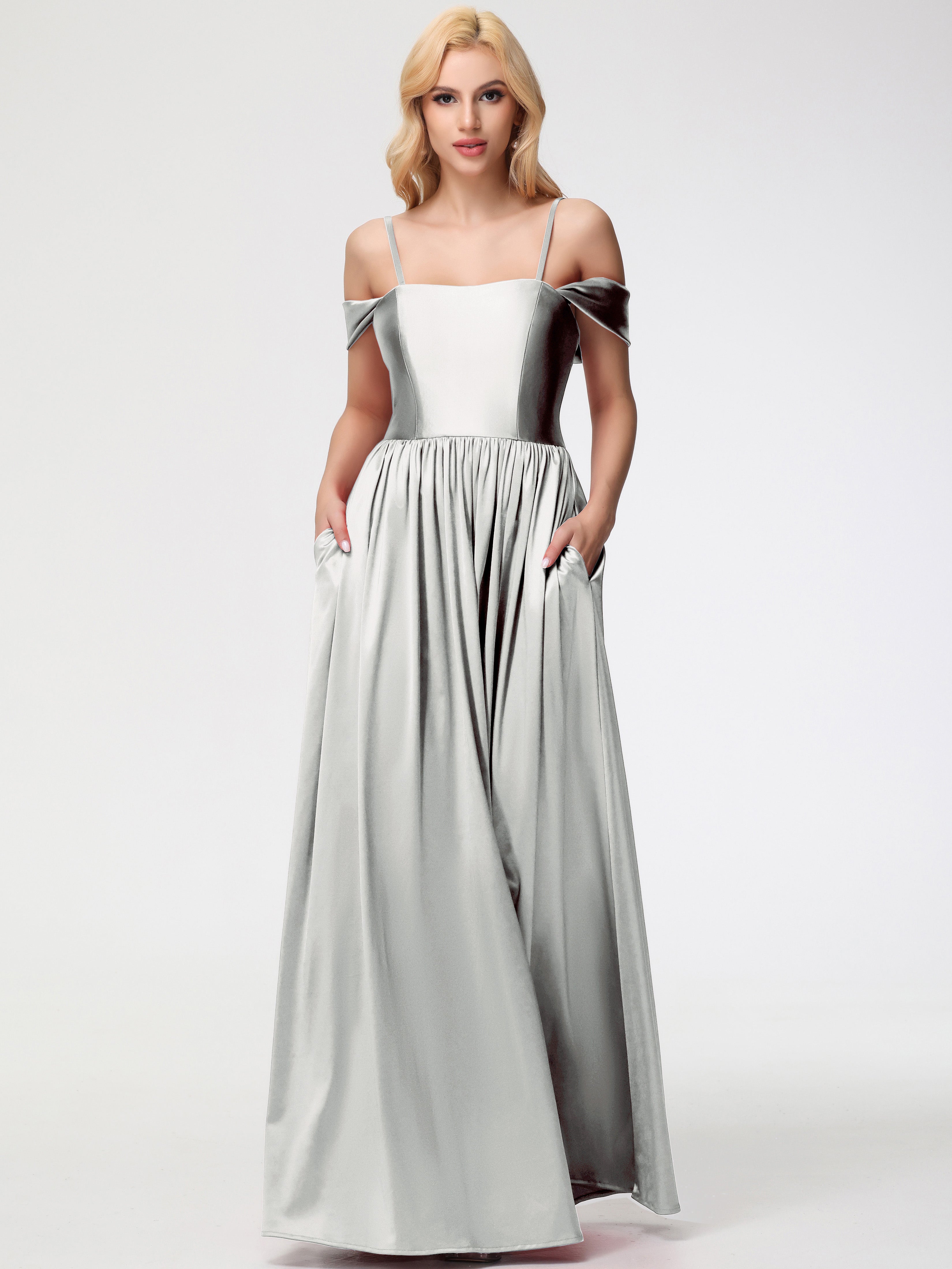 Silver Bridesmaids Dress Off The Shoulder Floor Length Stretch Satin Bridesmaid Dress With Pockets