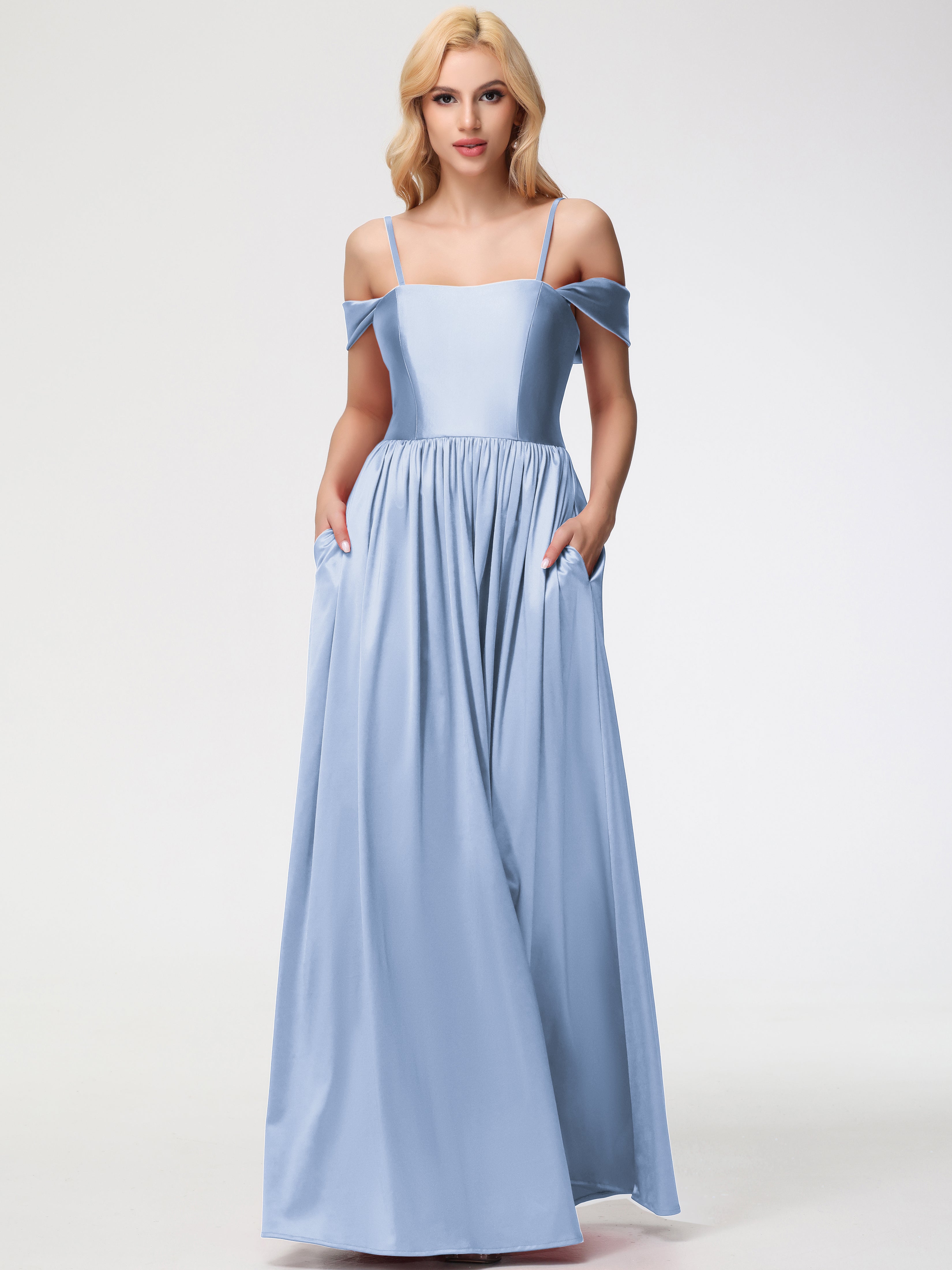 Prom Dress Sky Blue Off The Shoulder Floor Length Stretch Satin Prom D