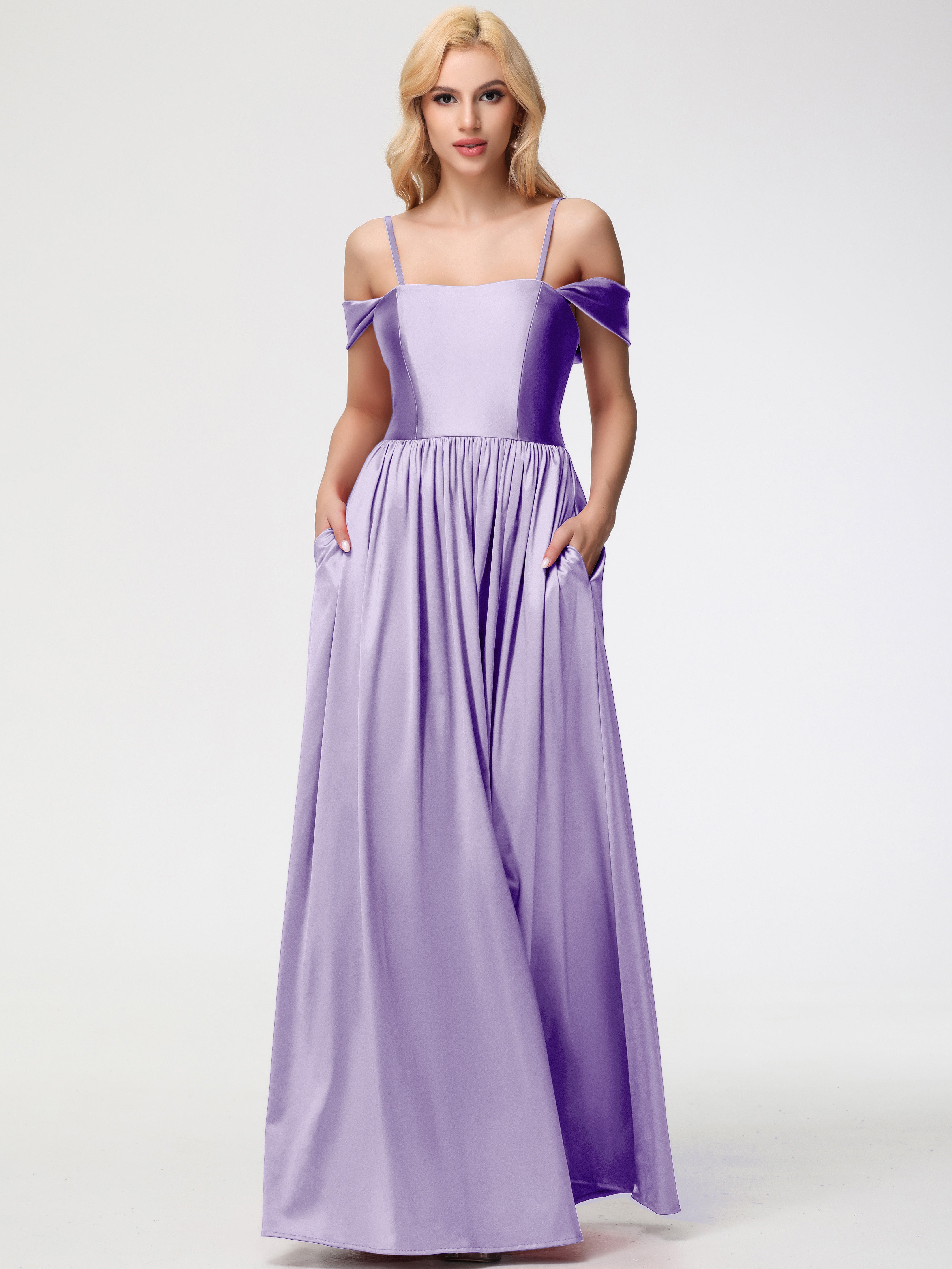 Tahiti Bridesmaid Dress Off The Shoulder Floor Length Stretch Satin Bridesmaid Dress With Pockets
