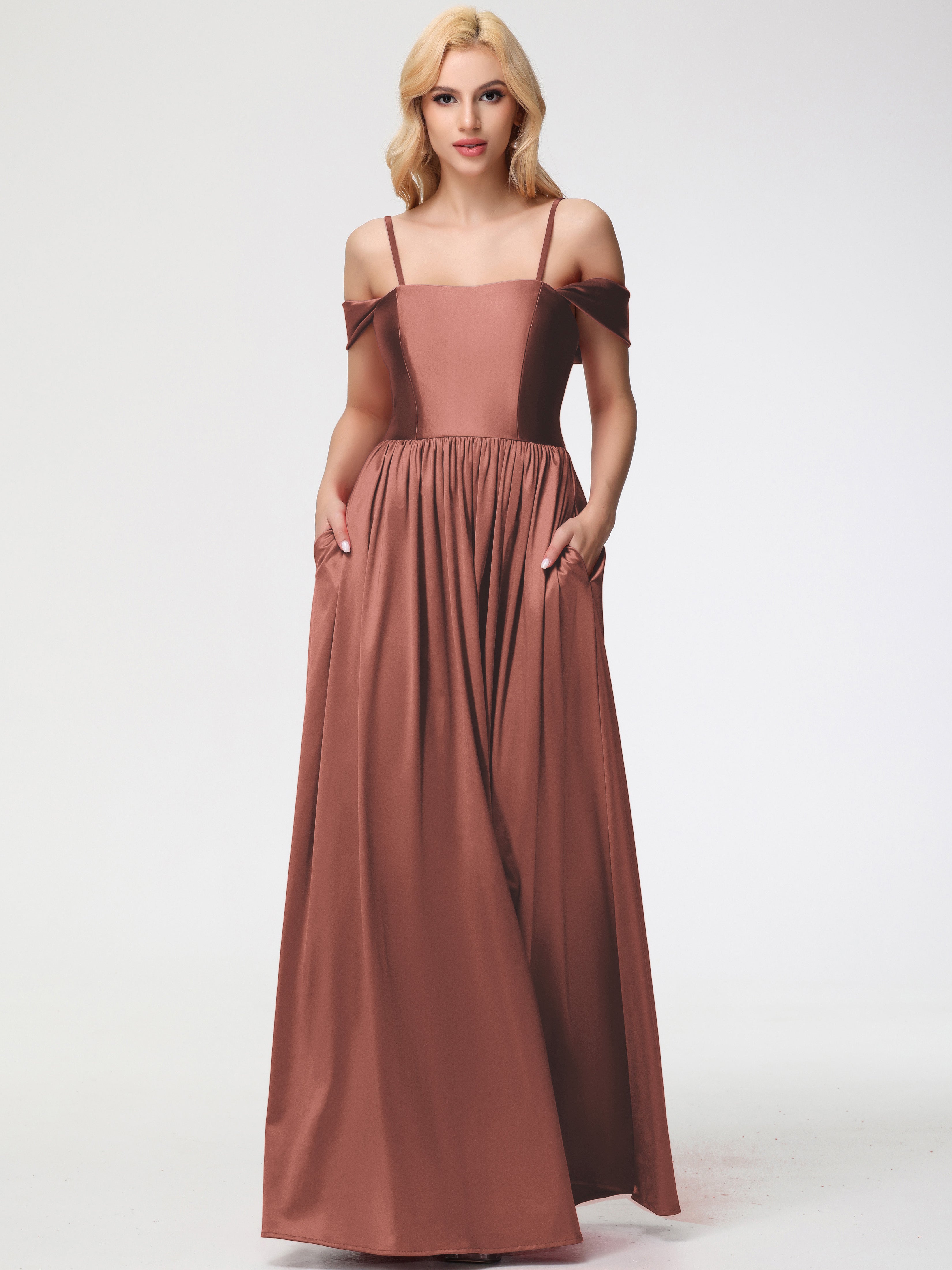 Terracotta Bridesmaids Dress Off The Shoulder Floor Length Stretch Satin Bridesmaid Dress With Pockets Terracotta Bridesmaids Dress Off The Shoulder Floor Length Stretch Satin Bridesmaid Dress With Pockets