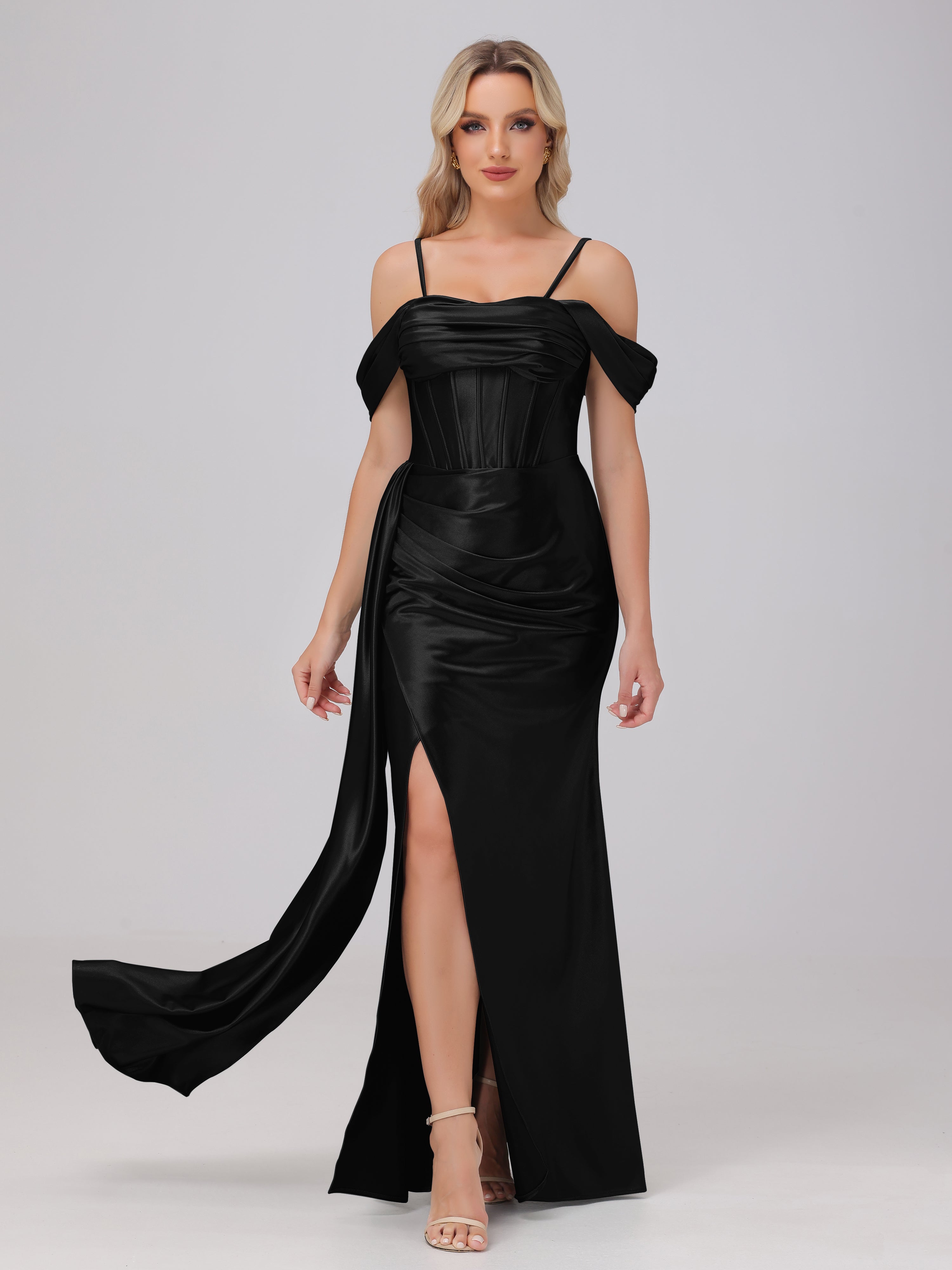 Black Prom Dresses Off the Shoulder Straps Bodice Zip Back Prom Dresse Black Prom Dresses Off the Shoulder Straps Bodice Zip Back Prom Dresse