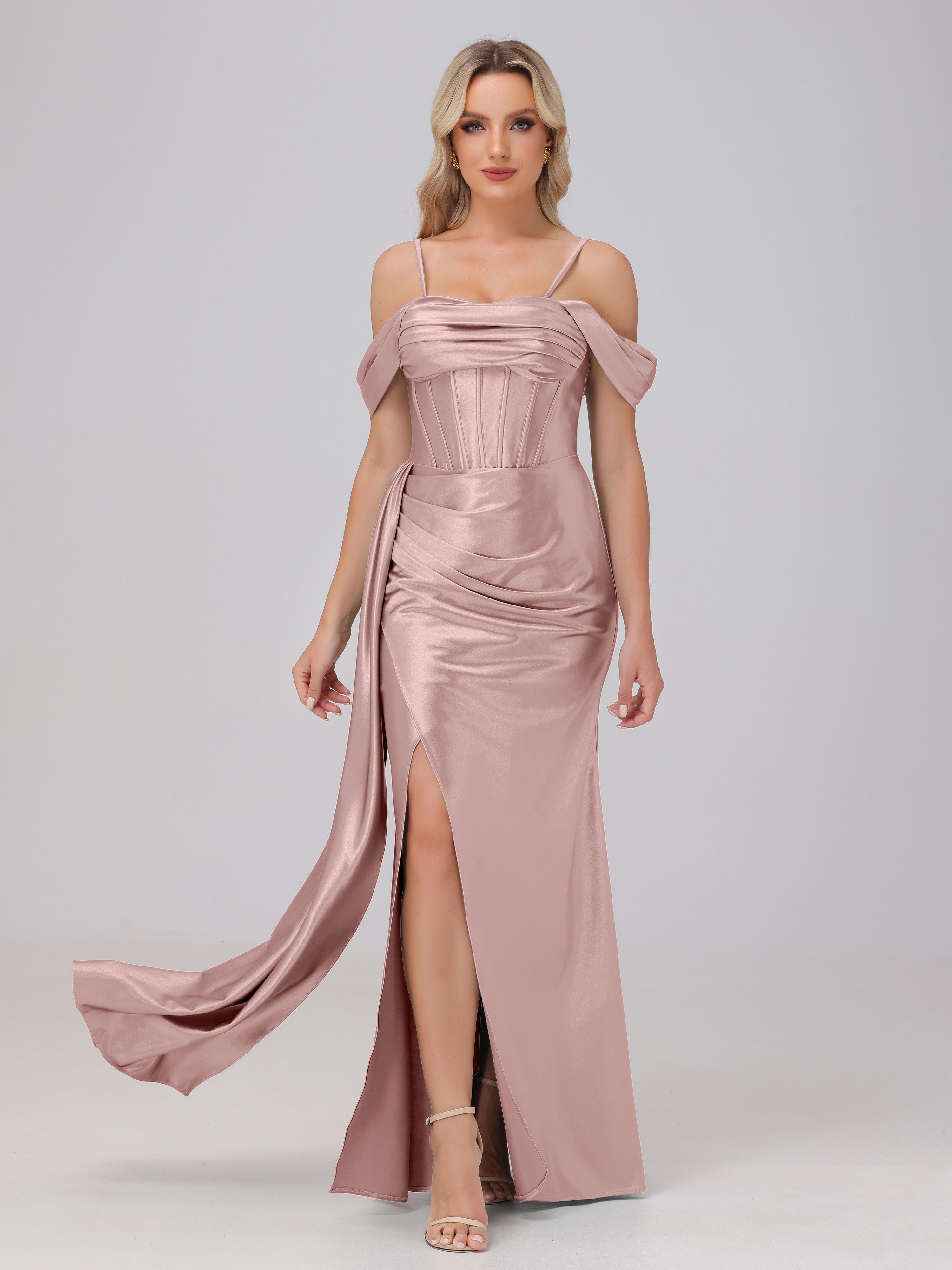 Dusty Rose Prom Dresses Off the Shoulder Straps Bodice Zip Back Prom Dresses with Slit Dusty Rose Prom Dresses Off the Shoulder Straps Bodice Zip Back Prom Dresses with Slit