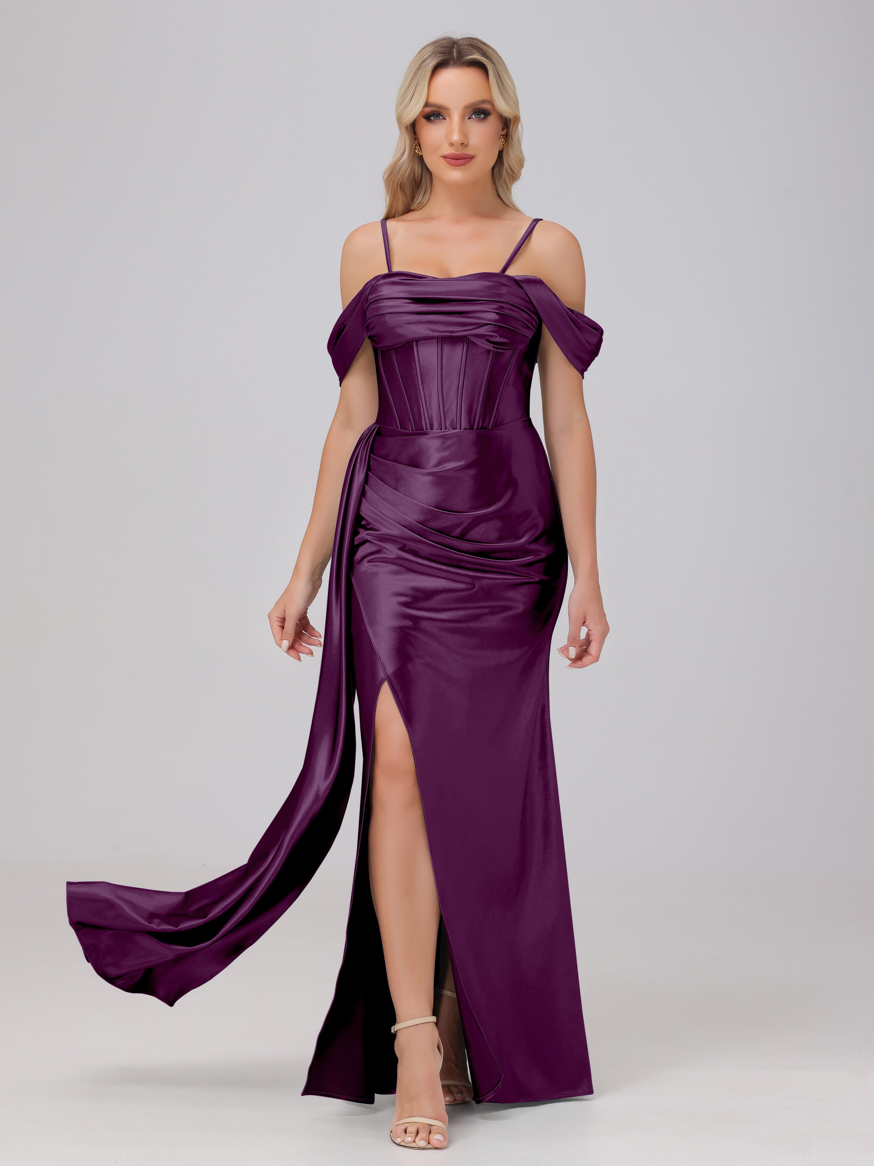 Grape Formal Dresses Off the Shoulder Straps Bodice Zip Back Formal Dresses with Slit Grape Formal Dresses Off the Shoulder Straps Bodice Zip Back Formal Dresses with Slit