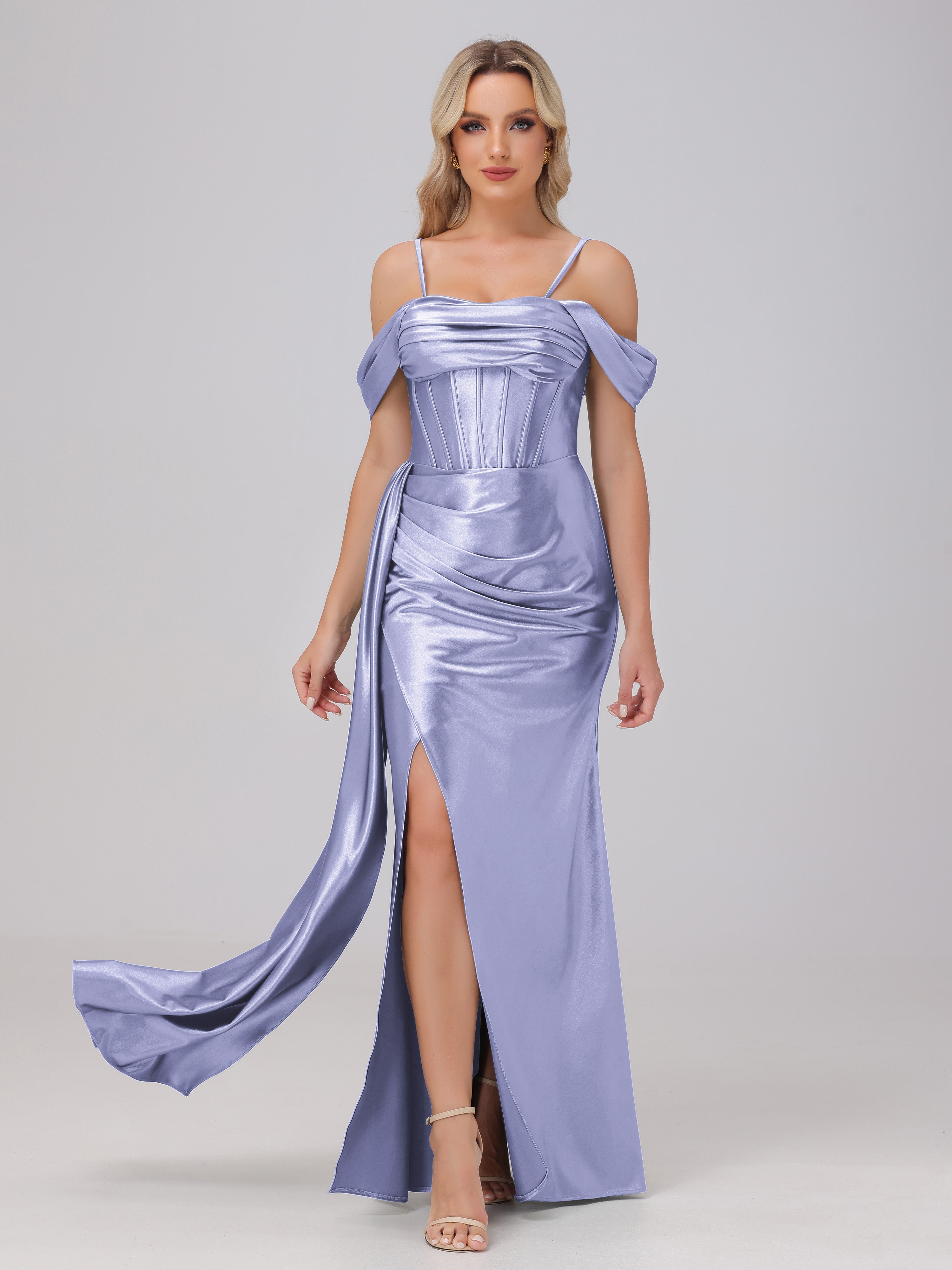 lavender prom dress with slit Ladivine CD340 Size 10 Nova Purple Long Satin Overskirt Prom Dress Formal Pageant Gown fitted ruched