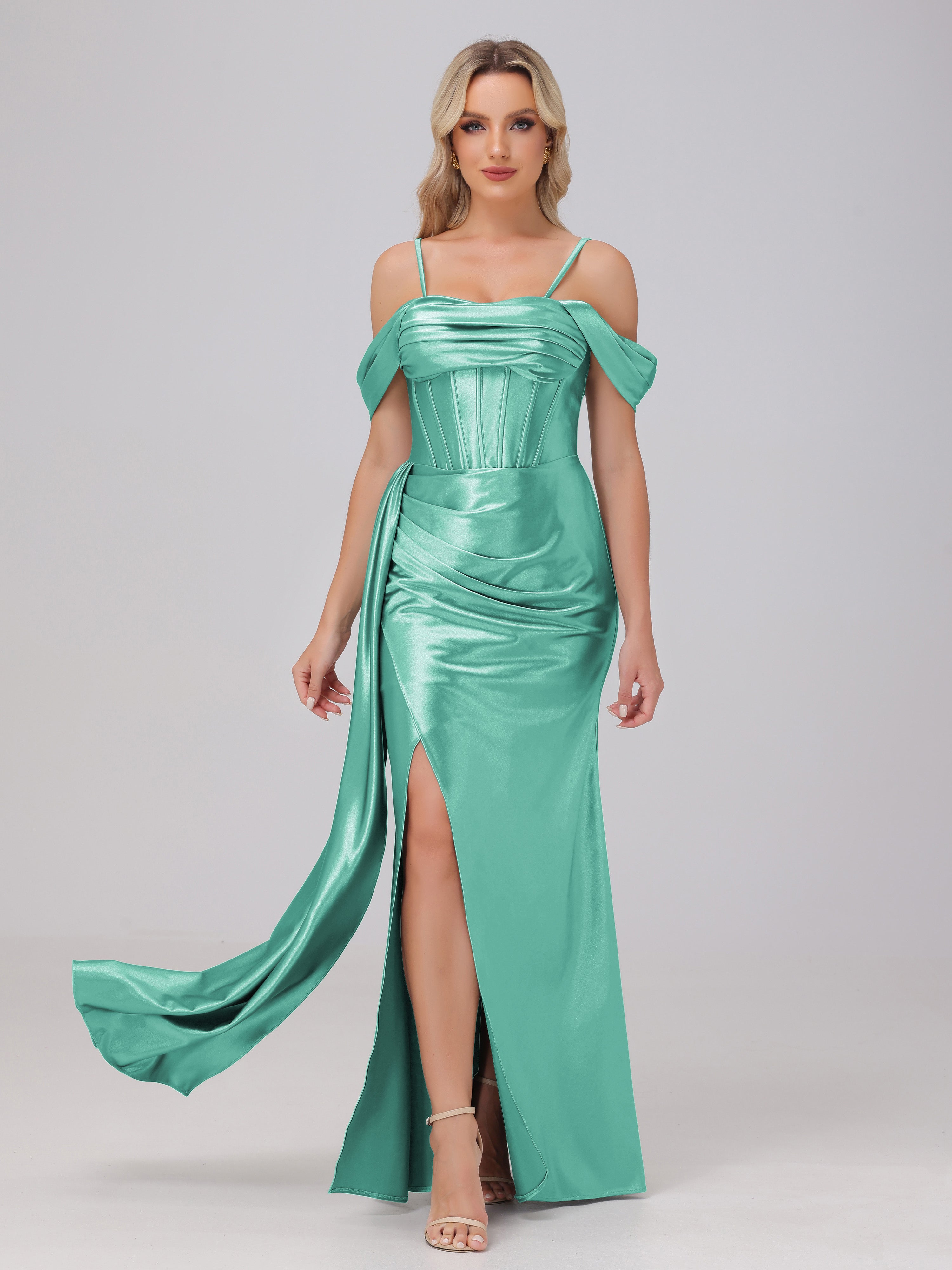 Mint Green Formal Dresses Off the Shoulder Straps Bodice Zip Back Form Mint Green Formal Dresses Off the Shoulder Straps Bodice Zip Back Form