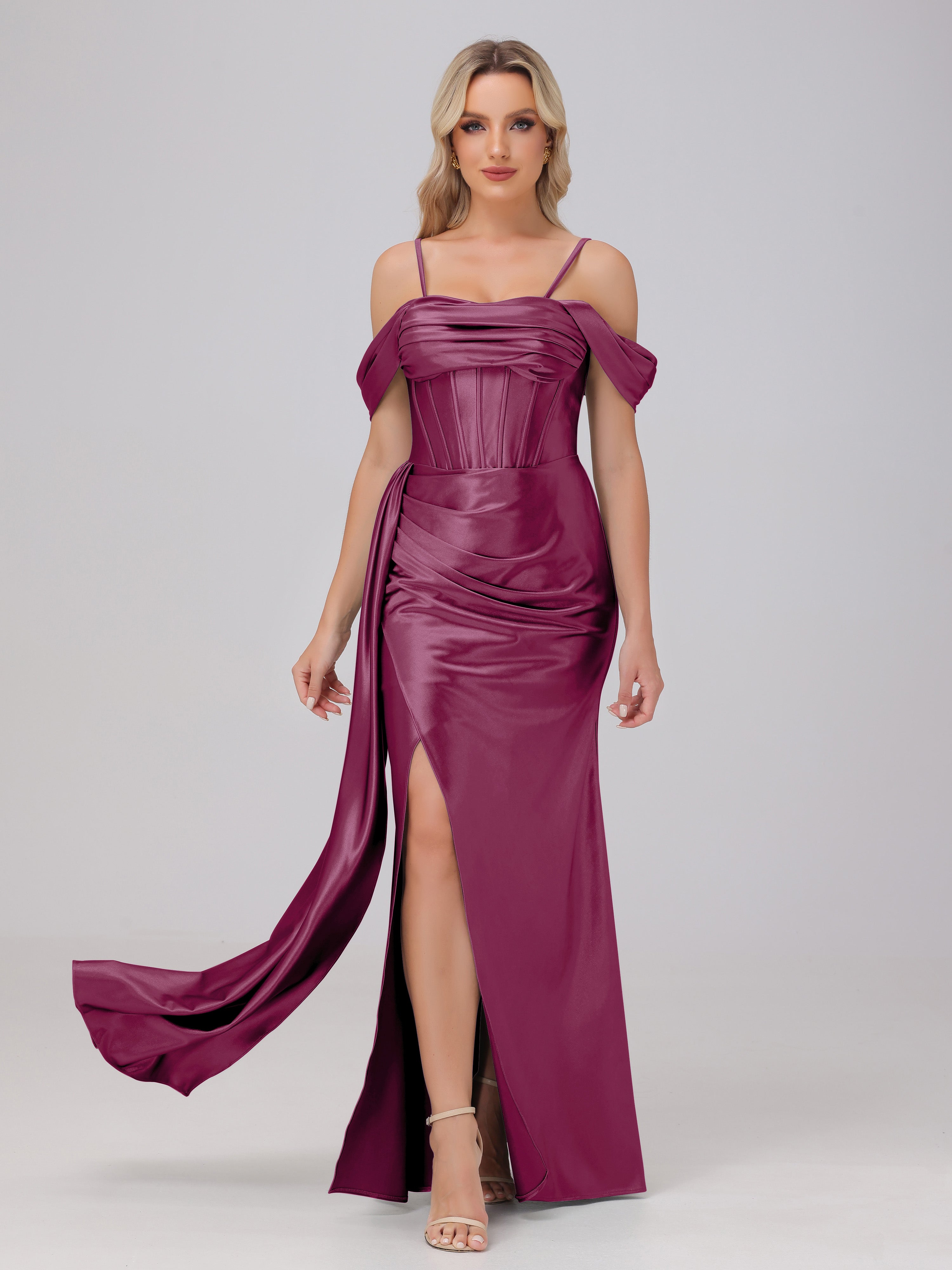 mulberry formal dresses Mulberry Mermaid Off-The-Shoulder Ruffles Split Front Prom Evening Dresses with Beadings