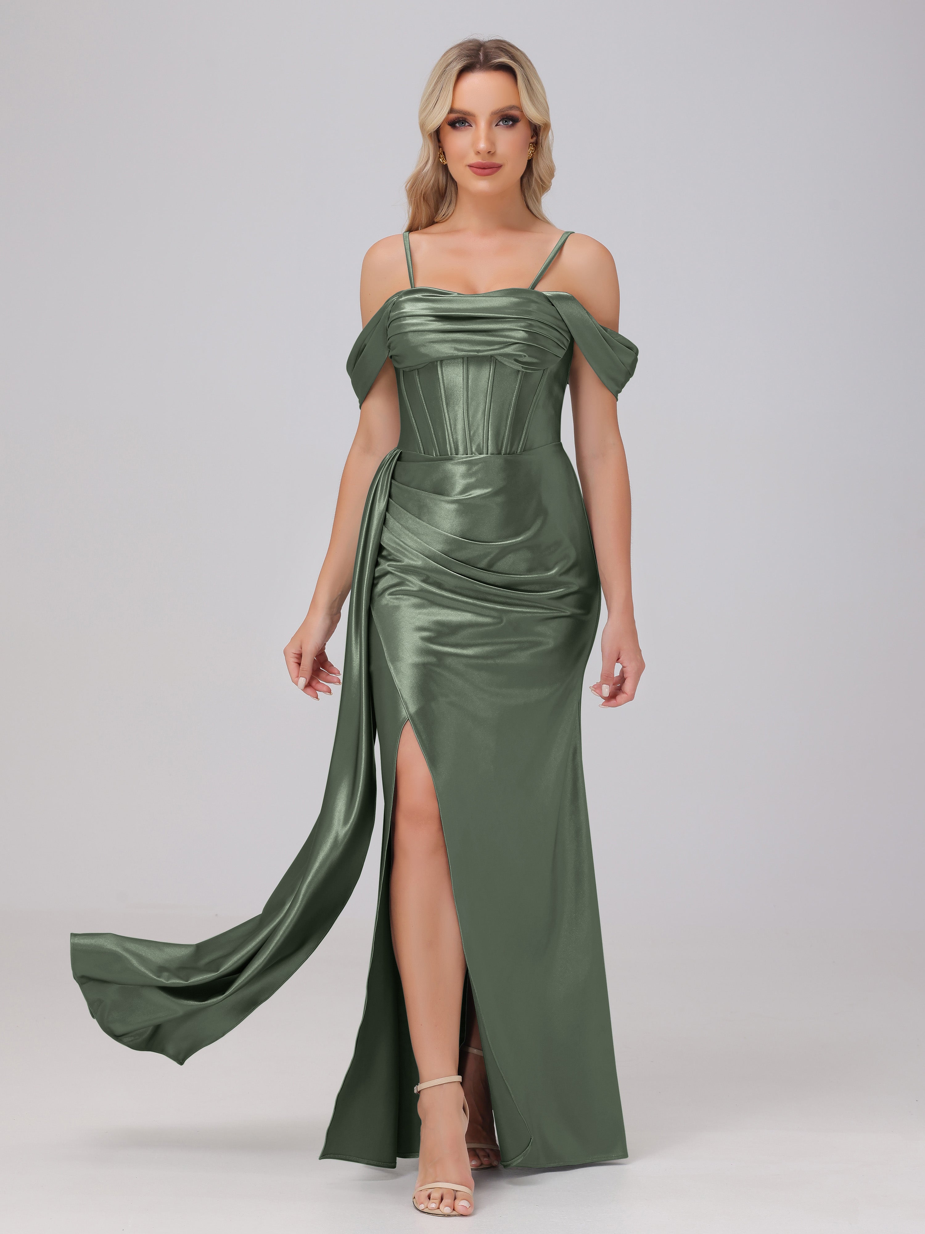 strapless open back dress Olive Green Satin V Neck Floor Length Dress – Lisposa