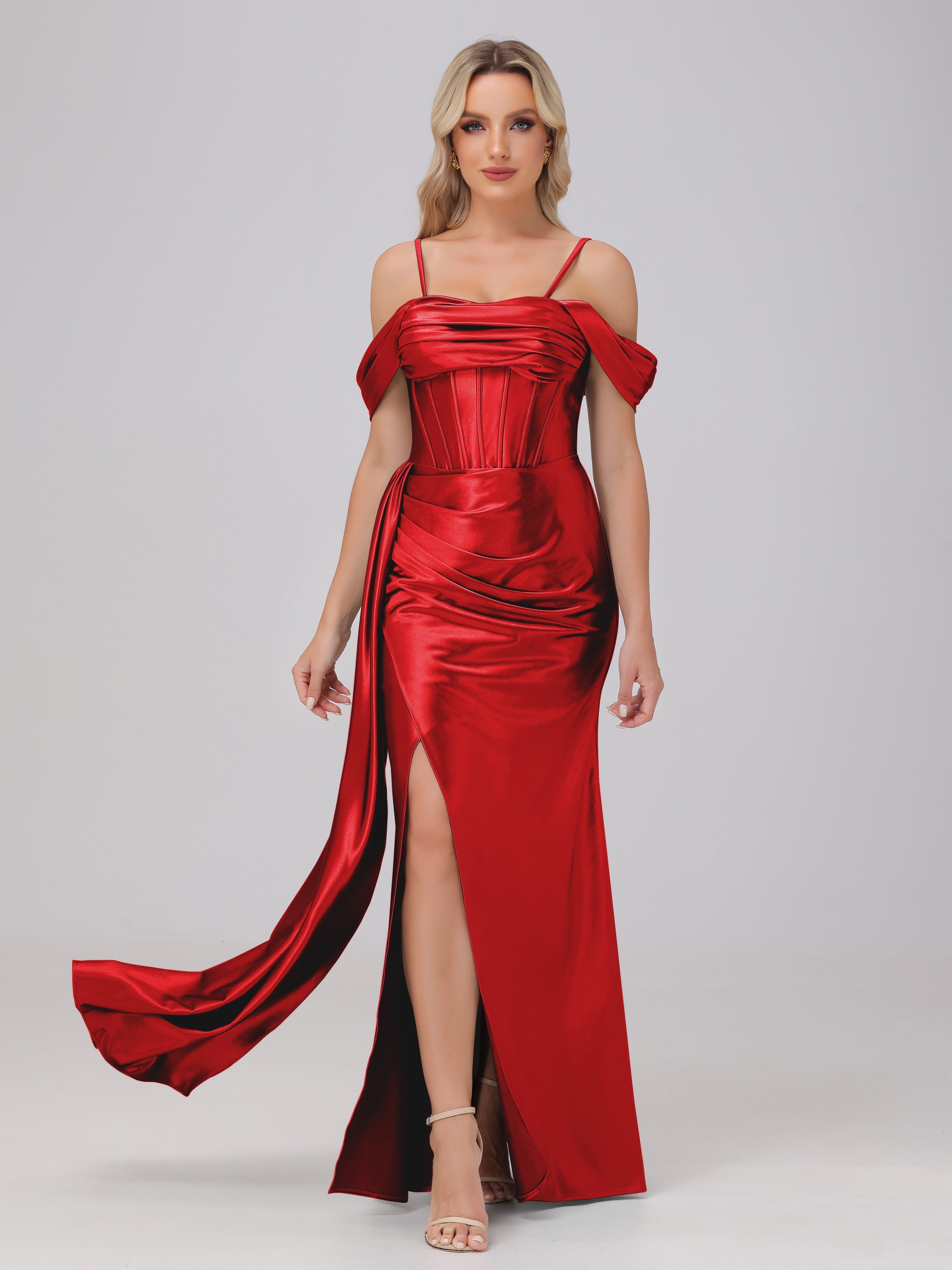 Red Tea Length Formal Dresses Off the Shoulder Straps Bodice Zip Back Red Tea Length Formal Dresses Off the Shoulder Straps Bodice Zip Back